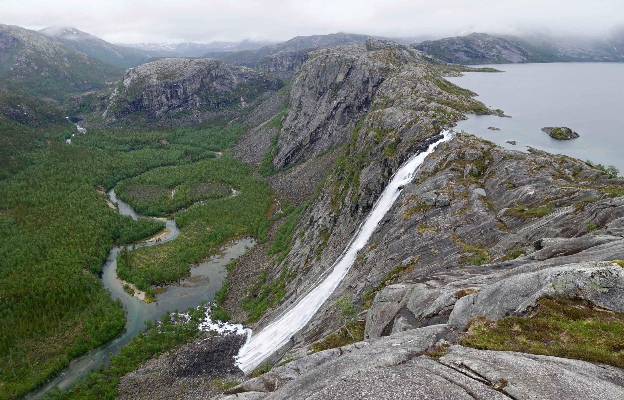 Rago National Park hike in Norway with view of Litlverivassfossen