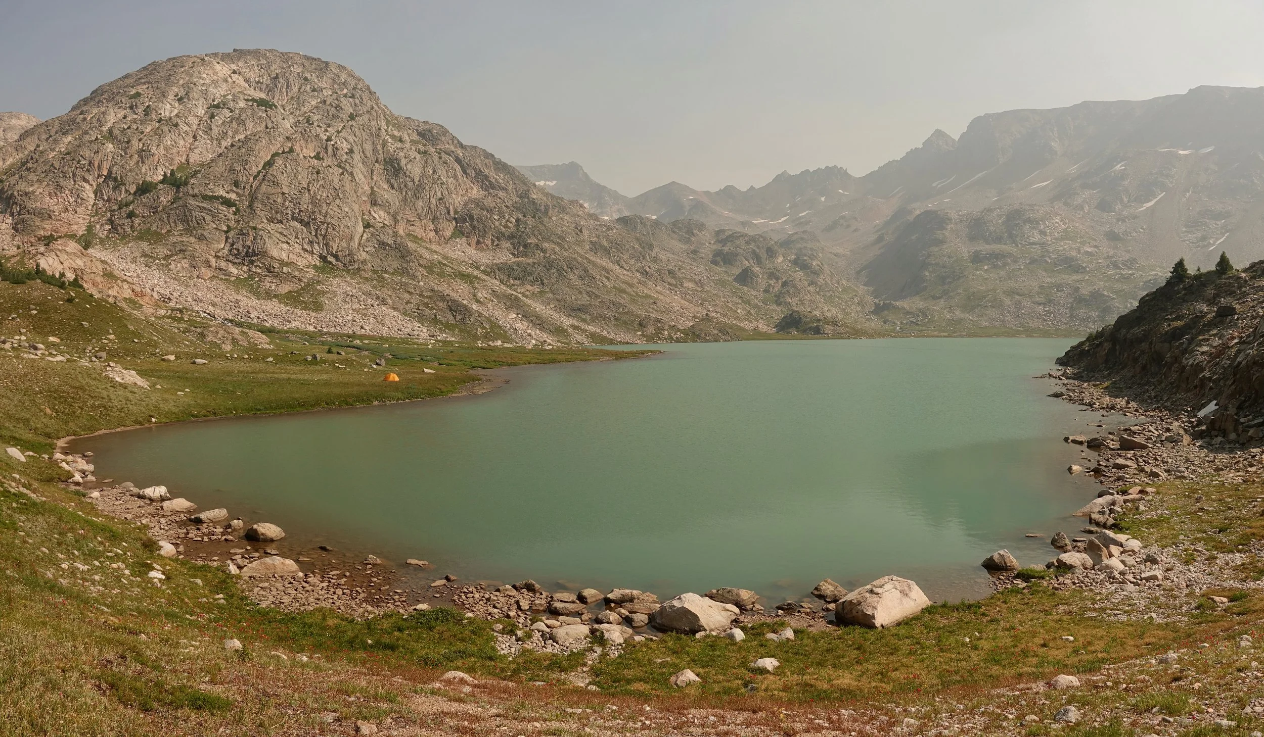Flat Rock Lake camp on a backpacking trip in the Beartooth Wilderness Mountains in Montana