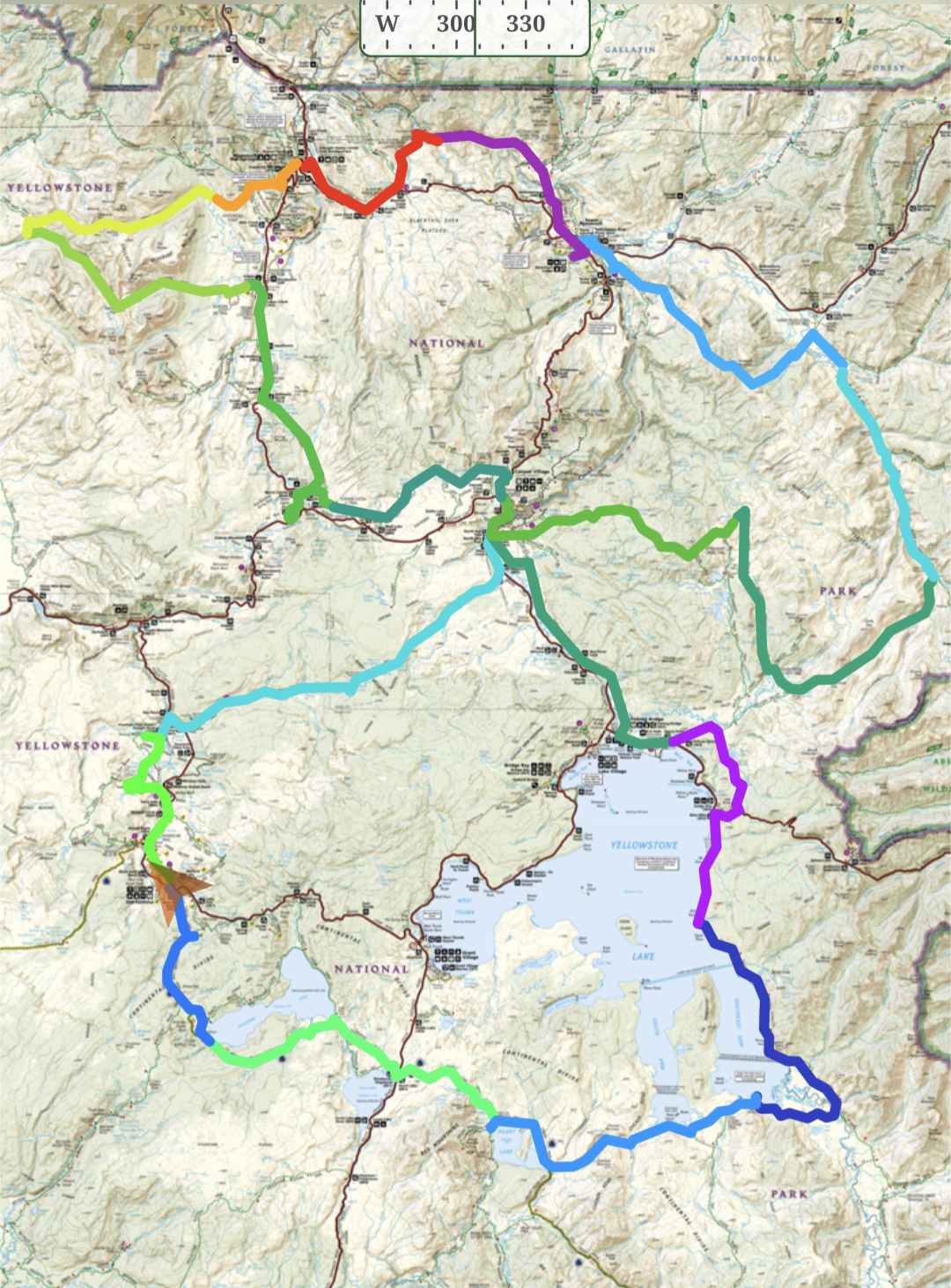 Hiking Route Map in Yellowstone backcountry