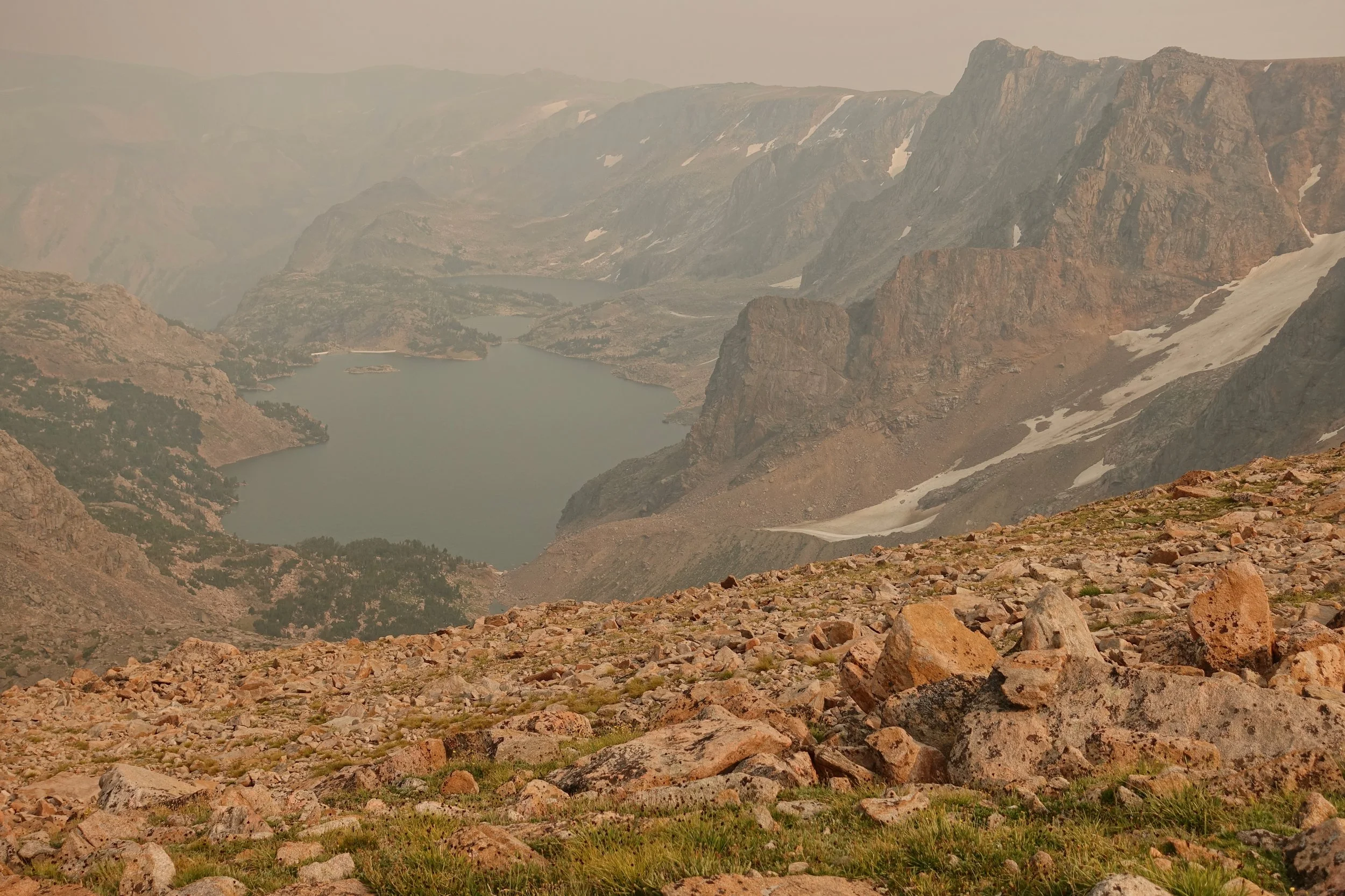 View of Glacier and Emerald Lake from the Spirit Mountain climb in the Beartooth Wilderness in Wyoming