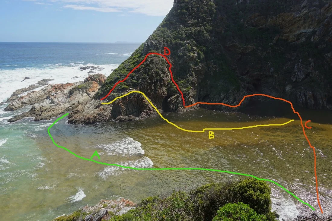 Routes across the Bloukrans river on the Otter trail in South Africa