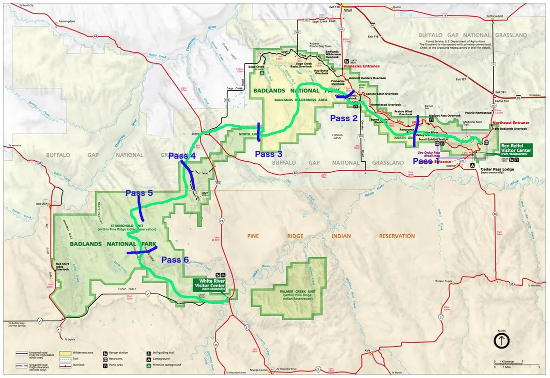 Badlands National Park map for backcountry traverse across the park