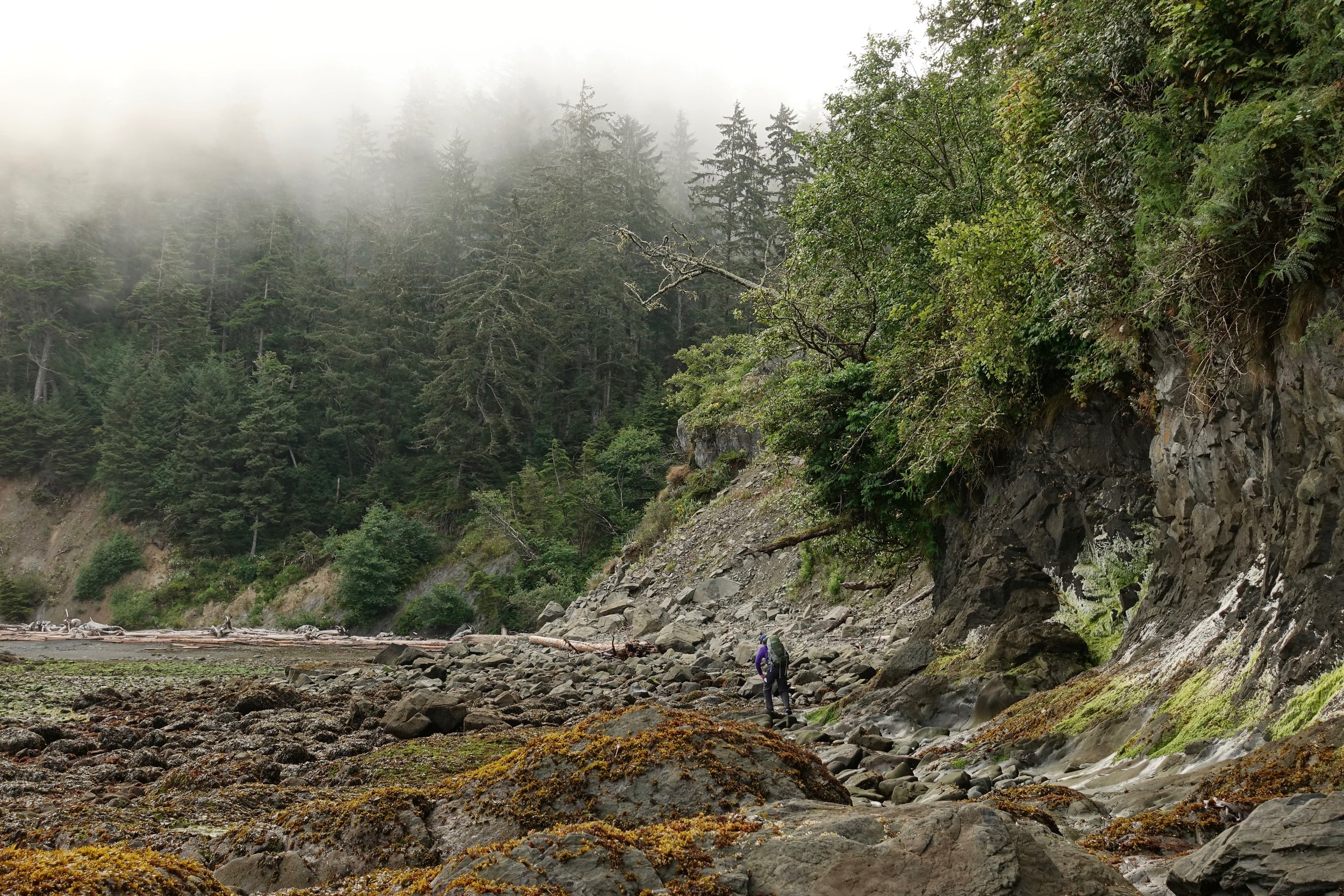 Rock hopping on a backpacking trip along the Olympic coastline in the national park