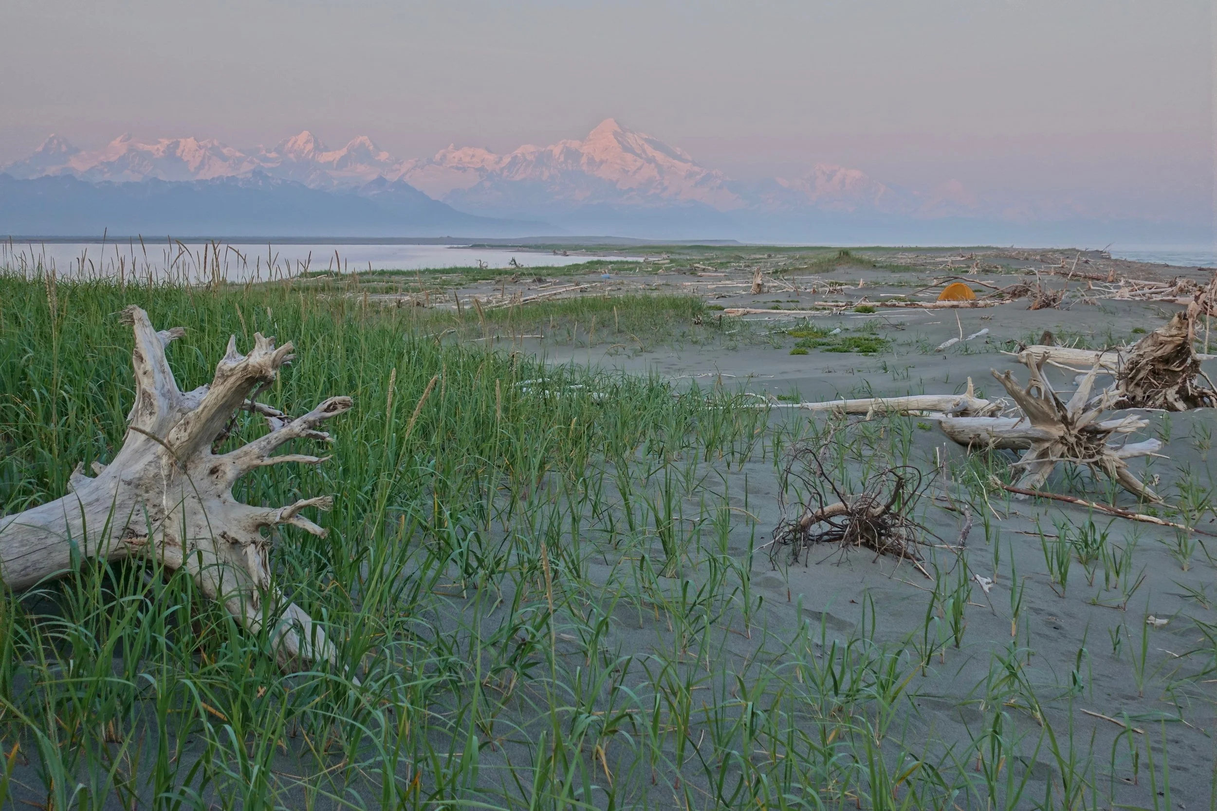 Hazy Mount Fairweather from beach camp at Dry Bay