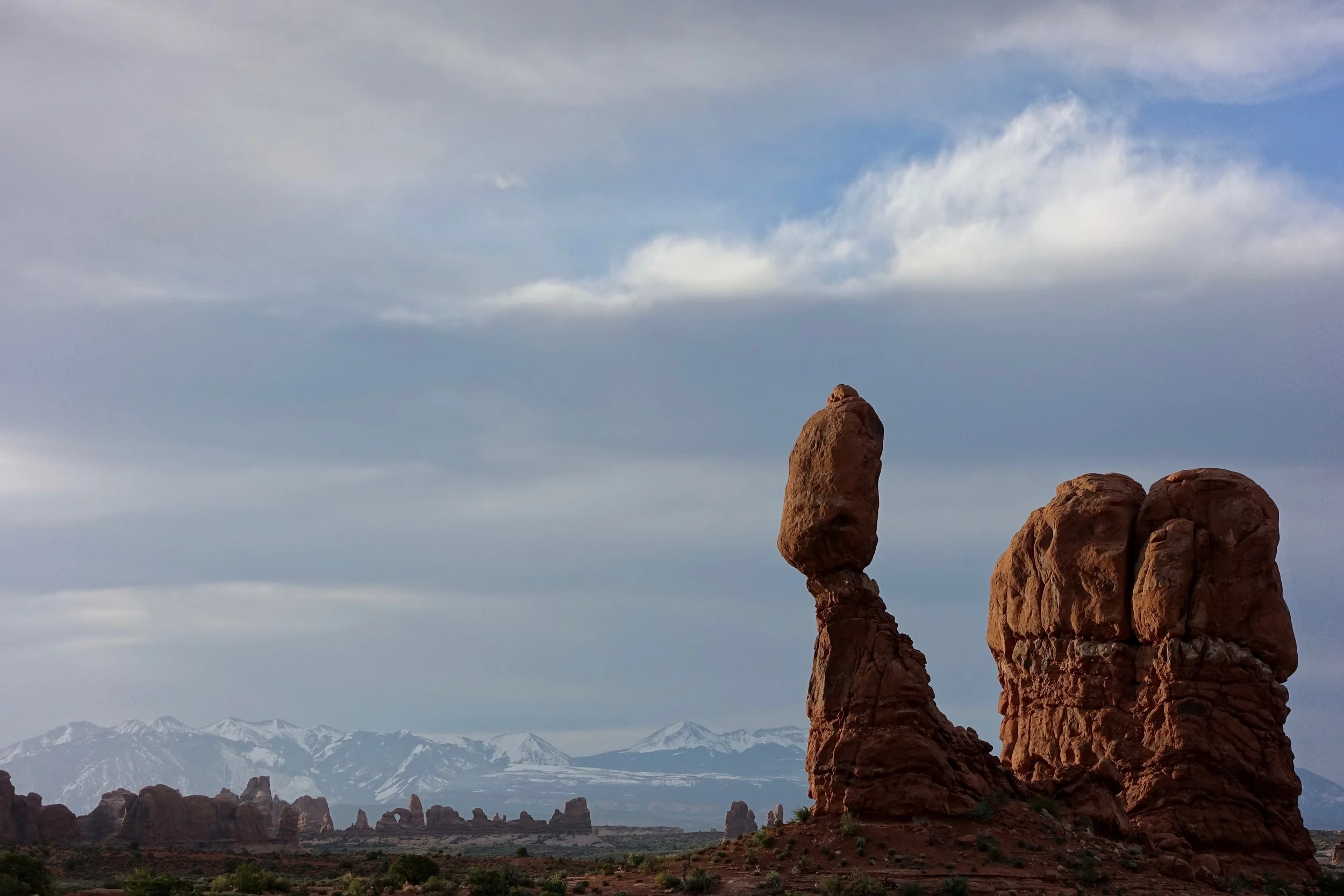 First light on Balanced Rock in Arches National Park Utah