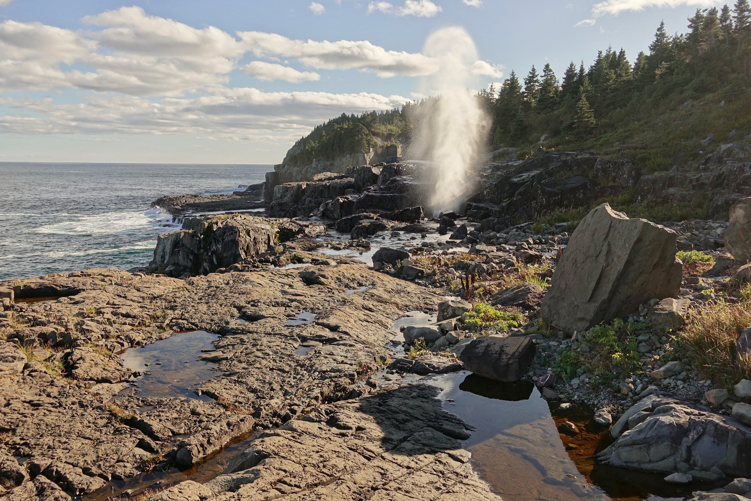 The Spout Geyser in late afternoon in the sun on the East Coast Trail camping hiking trip