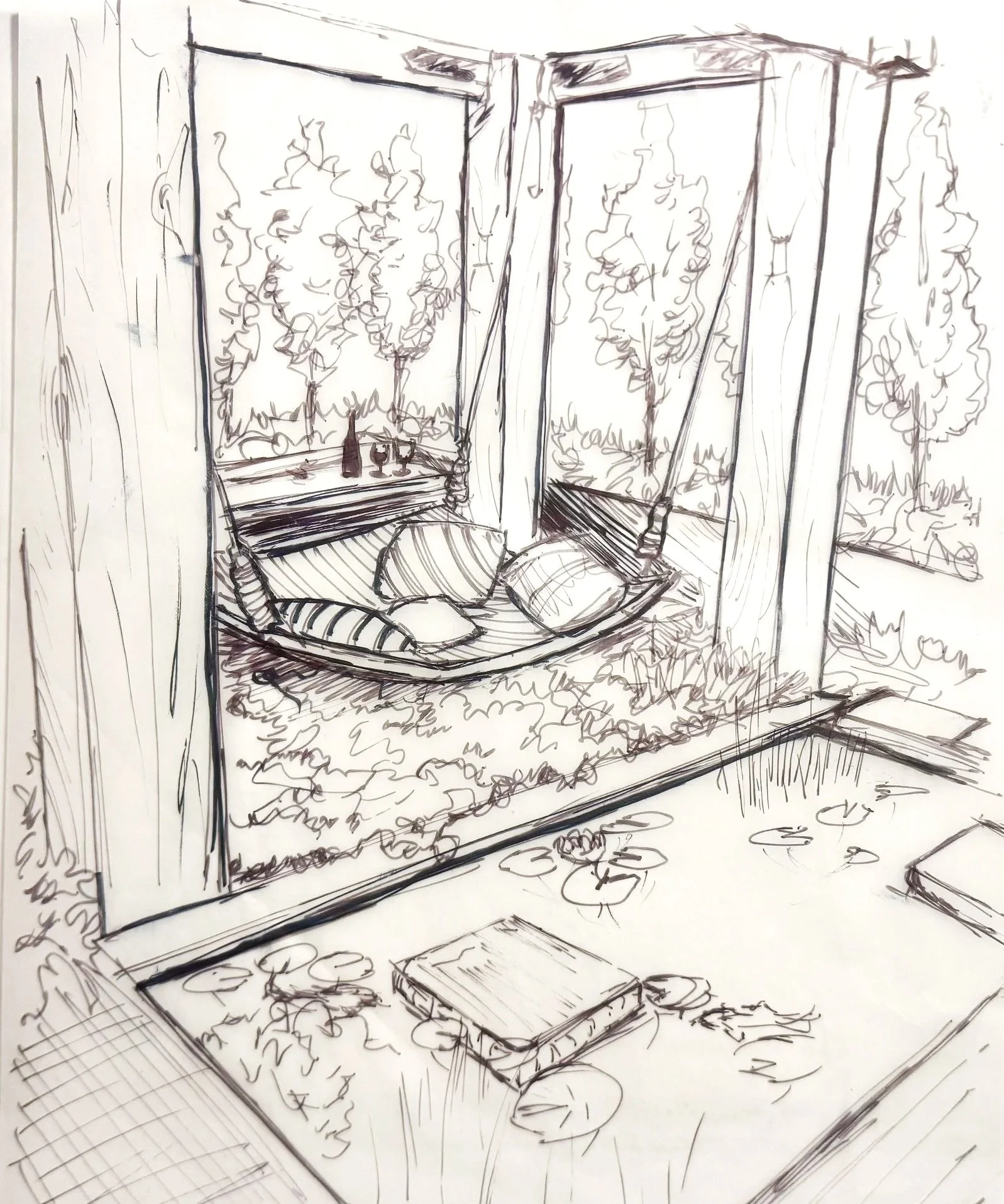 Sketch of a cozy porch with a cushioned swing and throw pillows, surrounded by trees and plants, with a book on a table nearby.