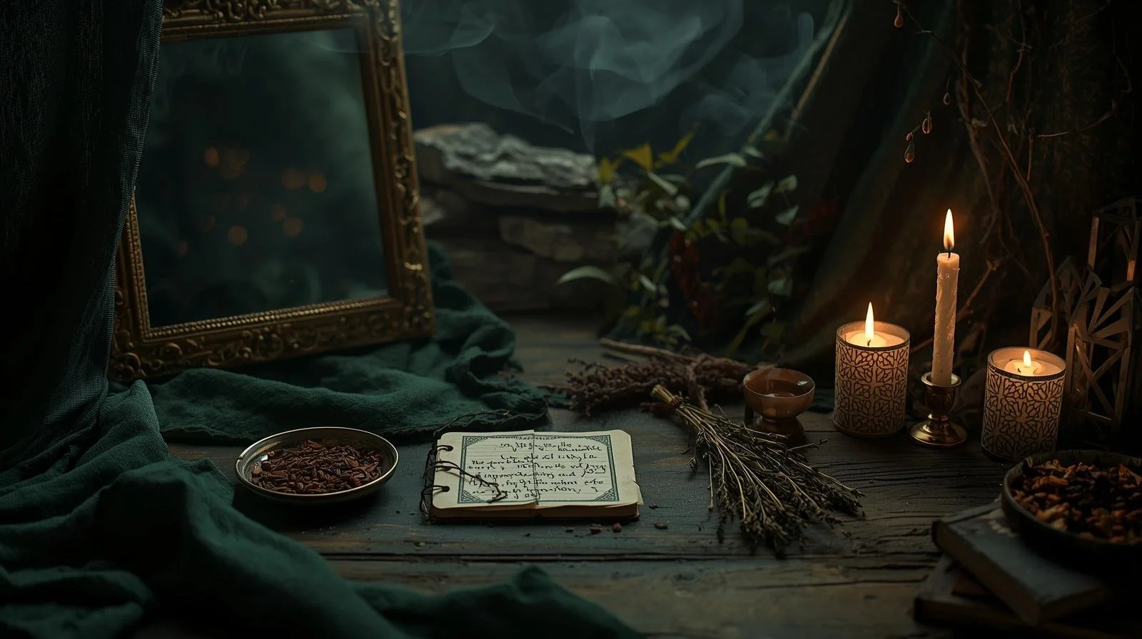 A cozy, dimly-lit scene with three candles on a wooden table, an ornate mirror, and various items such as an open notebook with handwritten notes, dried flowers, small bowls, and scattered nuts or seeds.