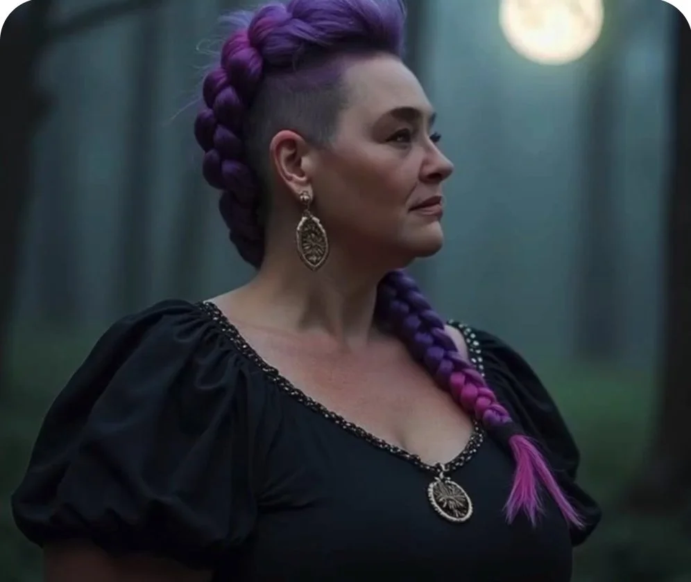 A woman with purple and pink braided hair, wearing large earrings and a black dress with puffed sleeves, standing outdoors at night under a full moon.