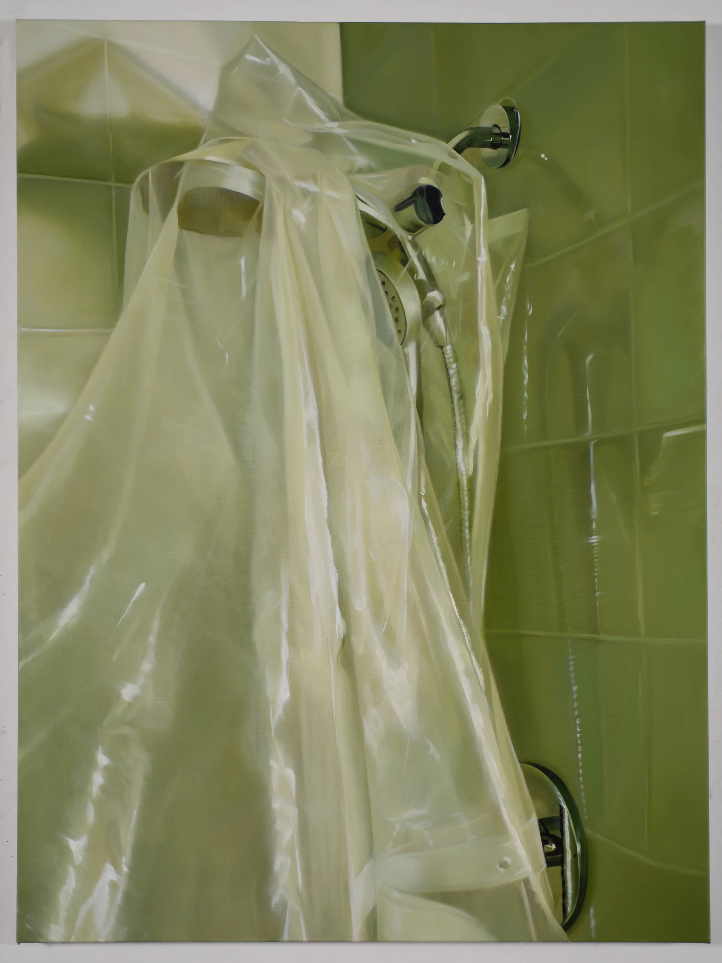 "Half Bathroom: Curtain over Shower-head," 2025, 40" x 30," oil on canvas 