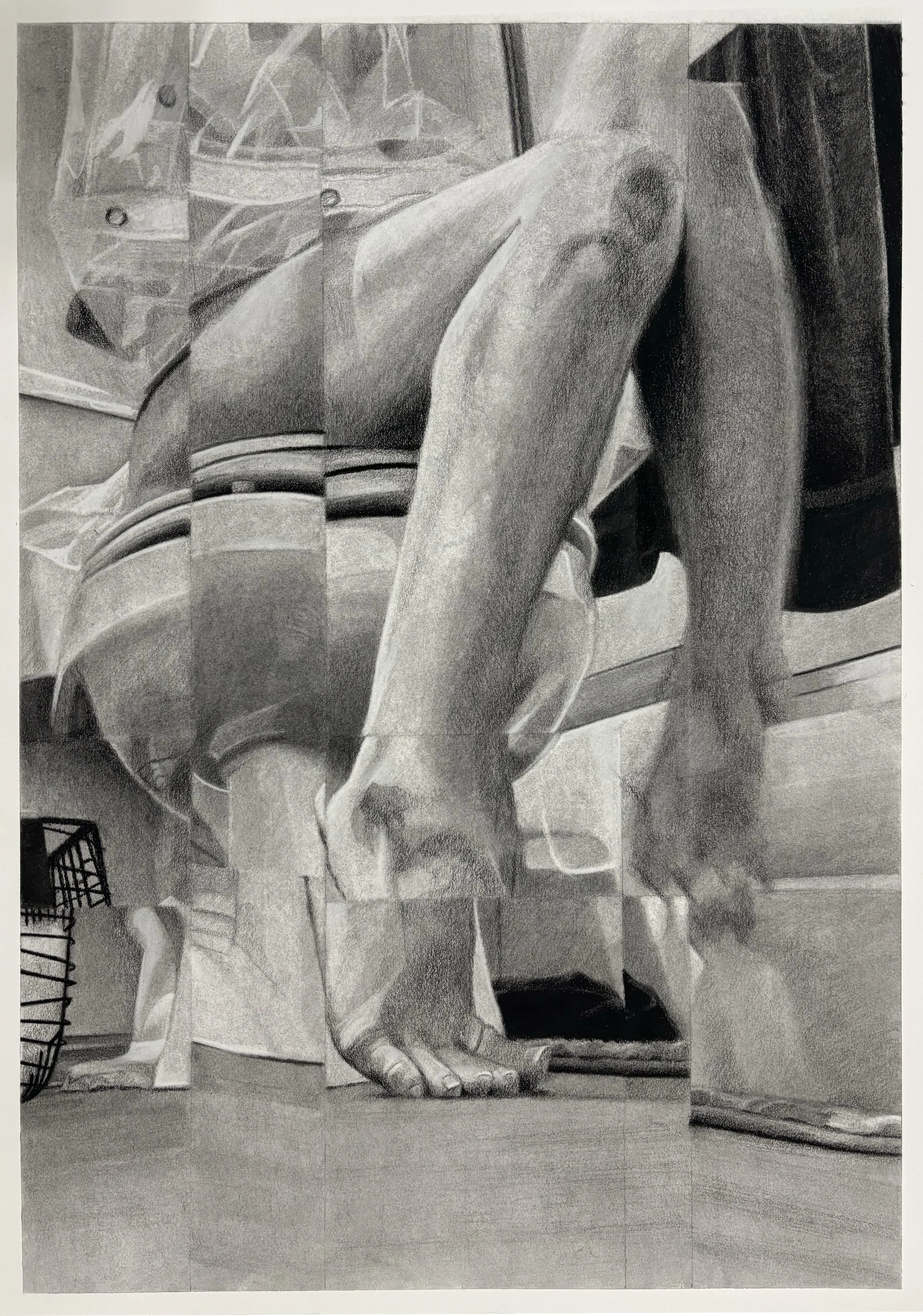 "Half Bathroom: No Head," 2025, 27" x 19," charcoal on paper