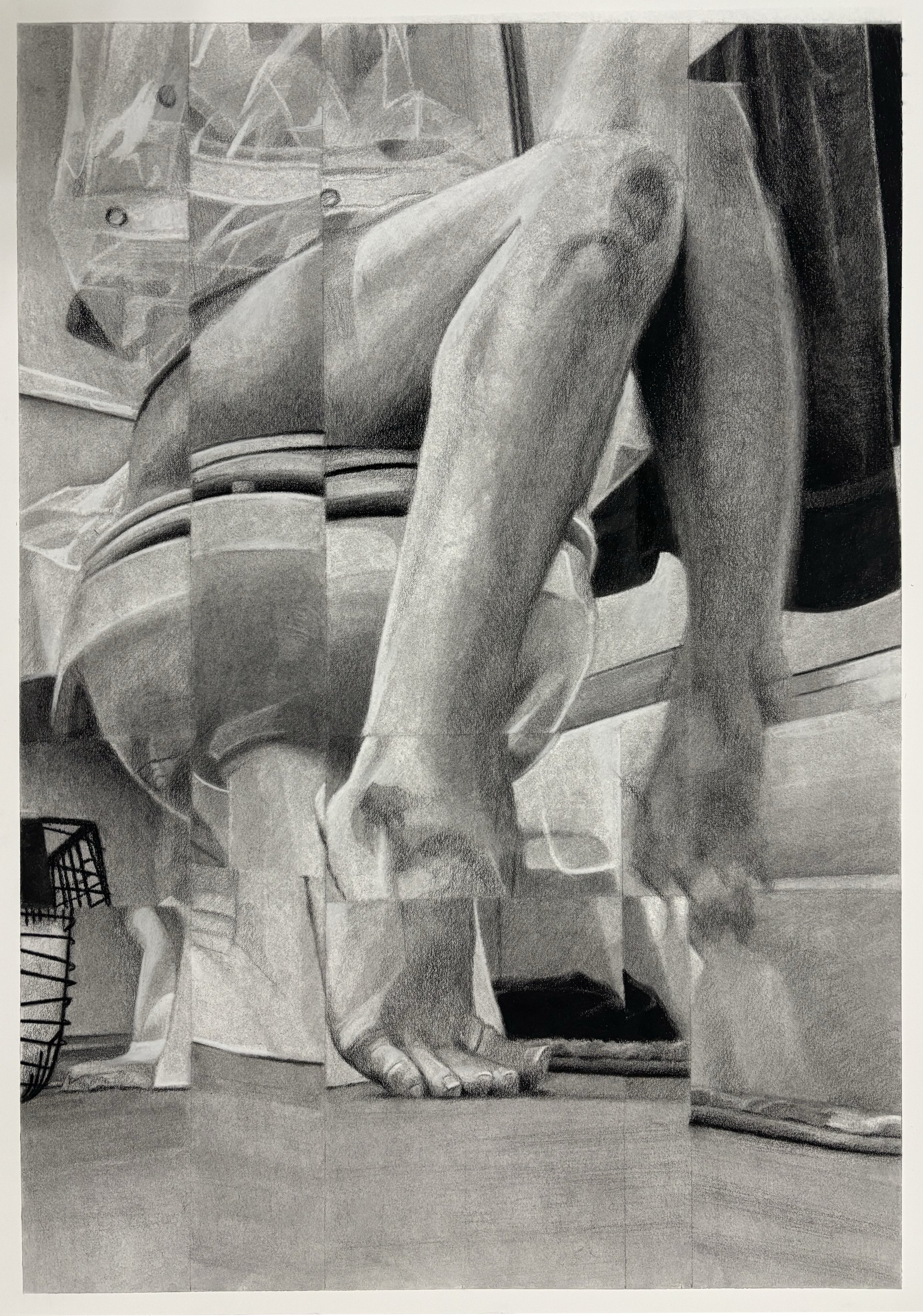 "Half Bathroom: No Head," 2025, 27" x 19," charcoal on paper 