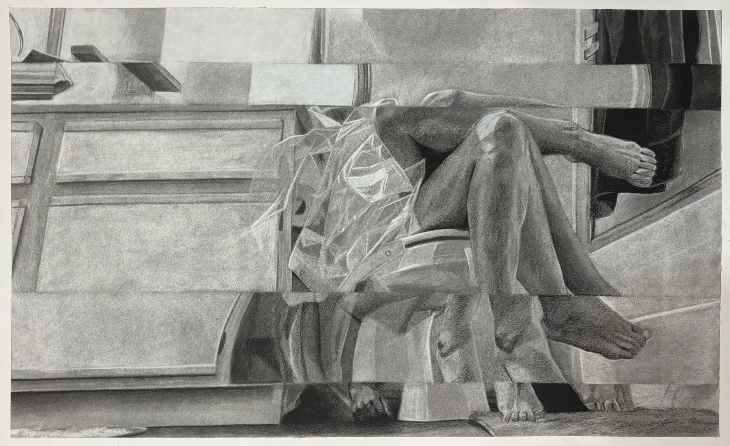 "Half Bathroom: Three Right Feet," 2025, 16.06" x 26.13," charcoal on paper 