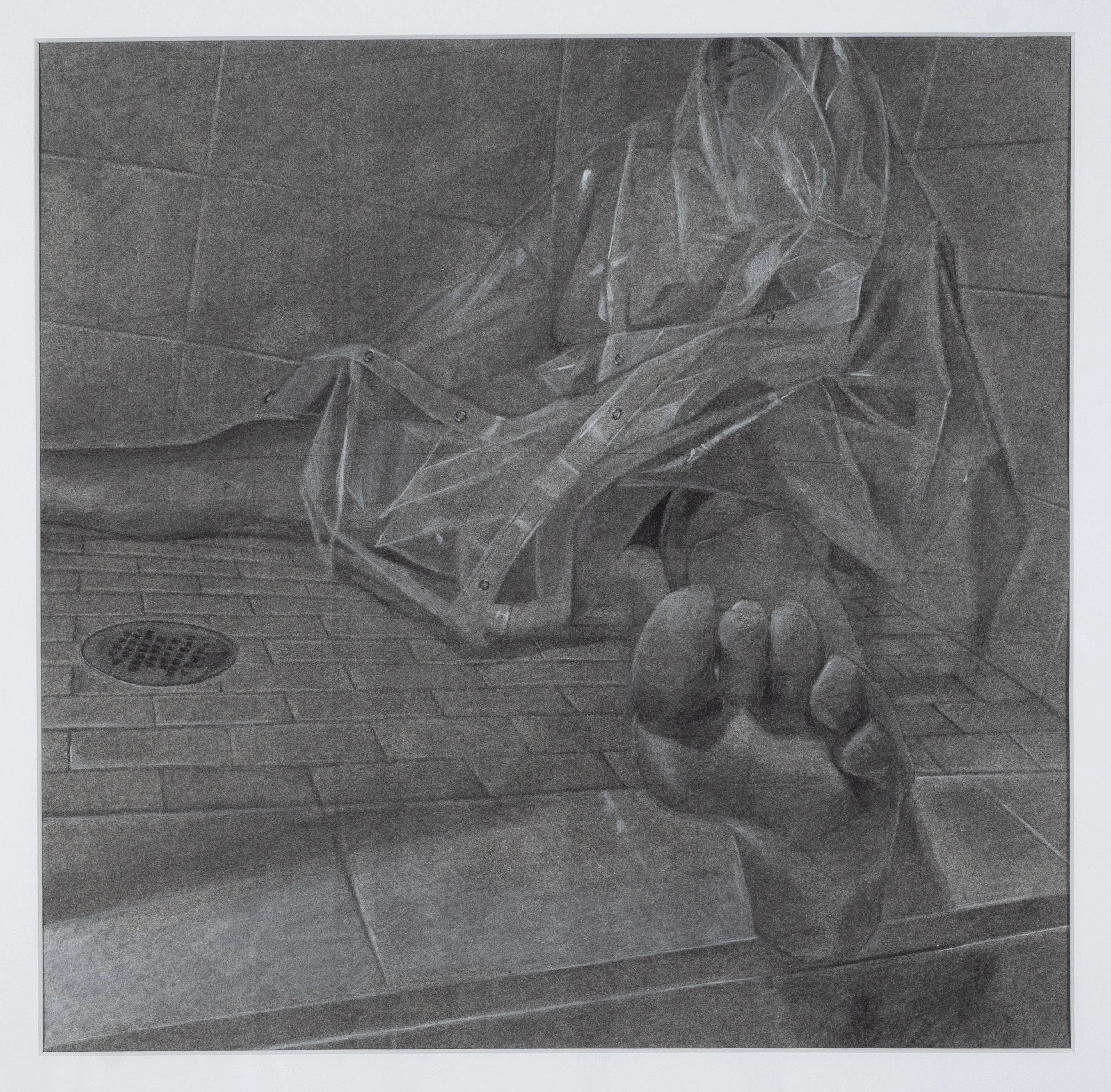 "Half Bathroom: Left Foot Sole Study," 2025, 16" x 16," charcoal on paper
