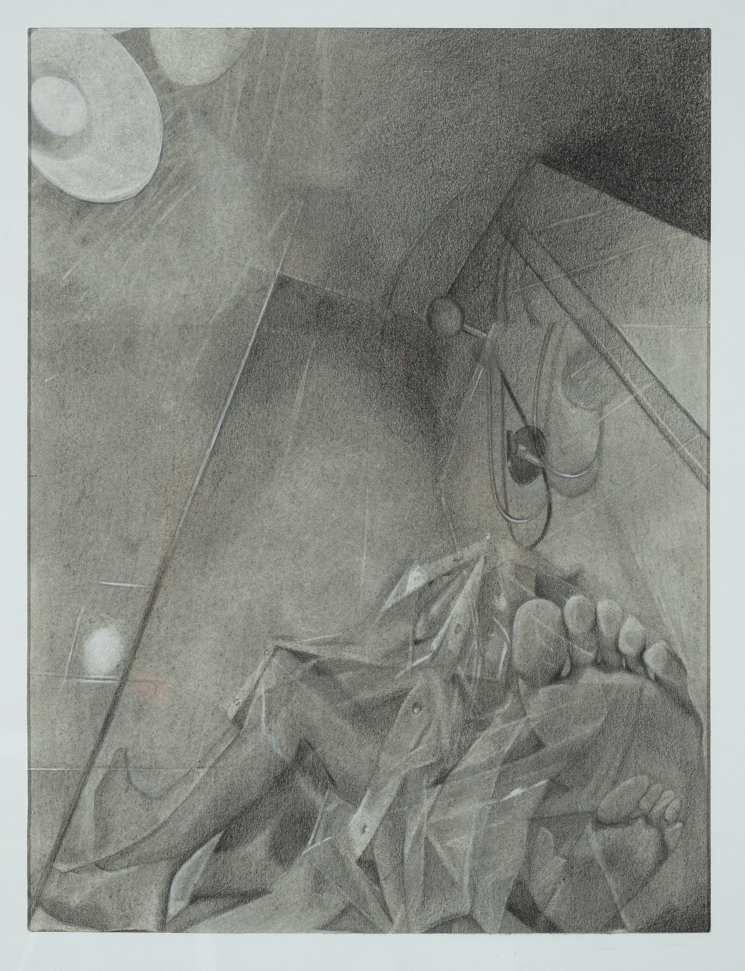 "Half Bathroom: Doubled Over," 2025, 16.81" x  12.75," charcoal and graphite on paper