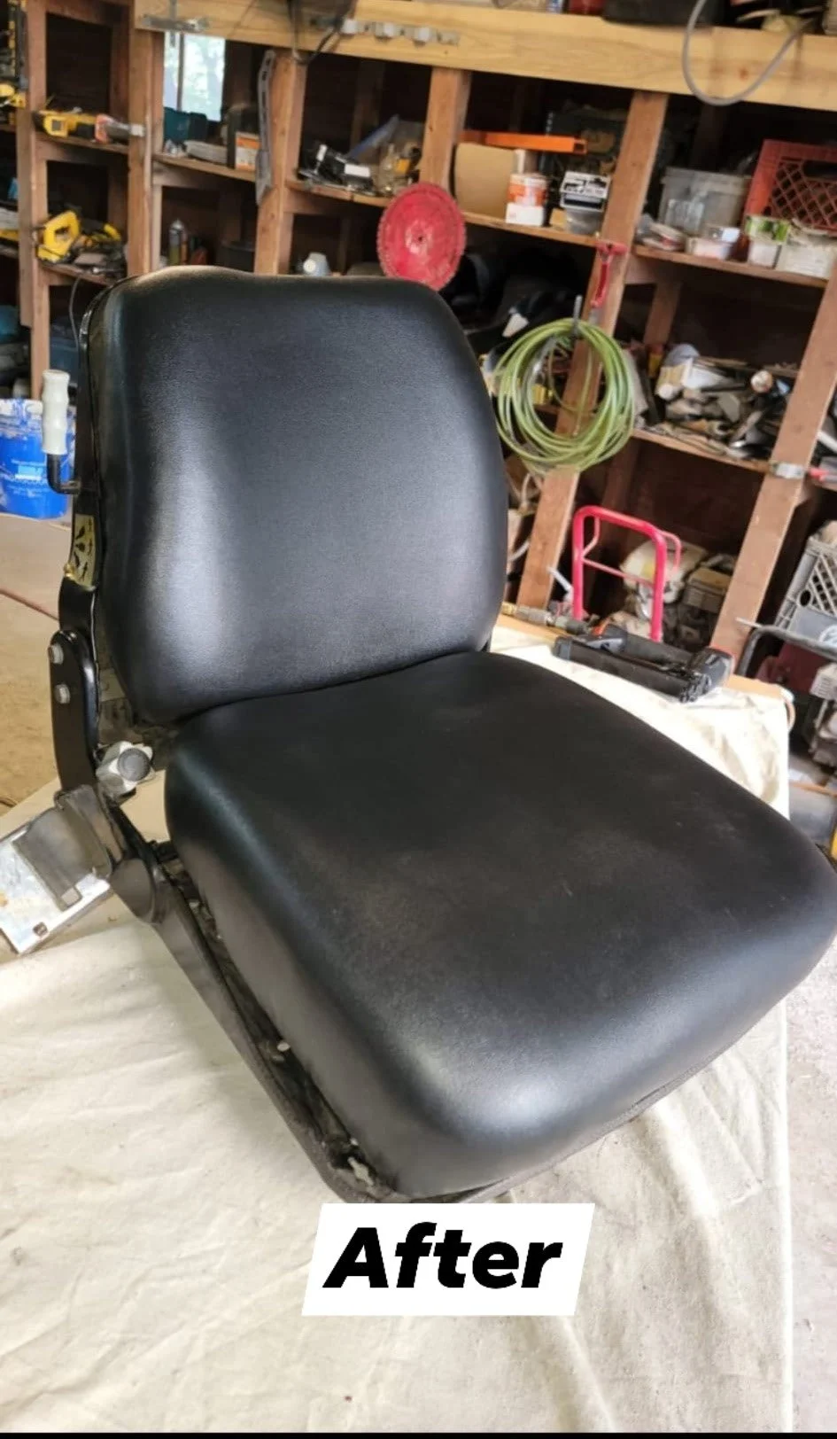 A black car seat on a table, with a workshop or garage background showing tools, shelves, and gardening equipment. The word 'After' is written at the bottom of the image.
