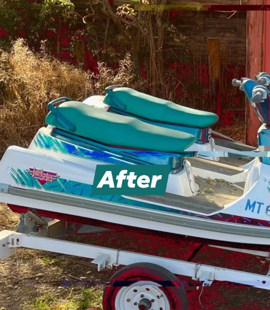A boat on a trailer with two teal-colored seats, outdoors near a wooden fence and dried plants, with the word "After" superimposed across the middle.