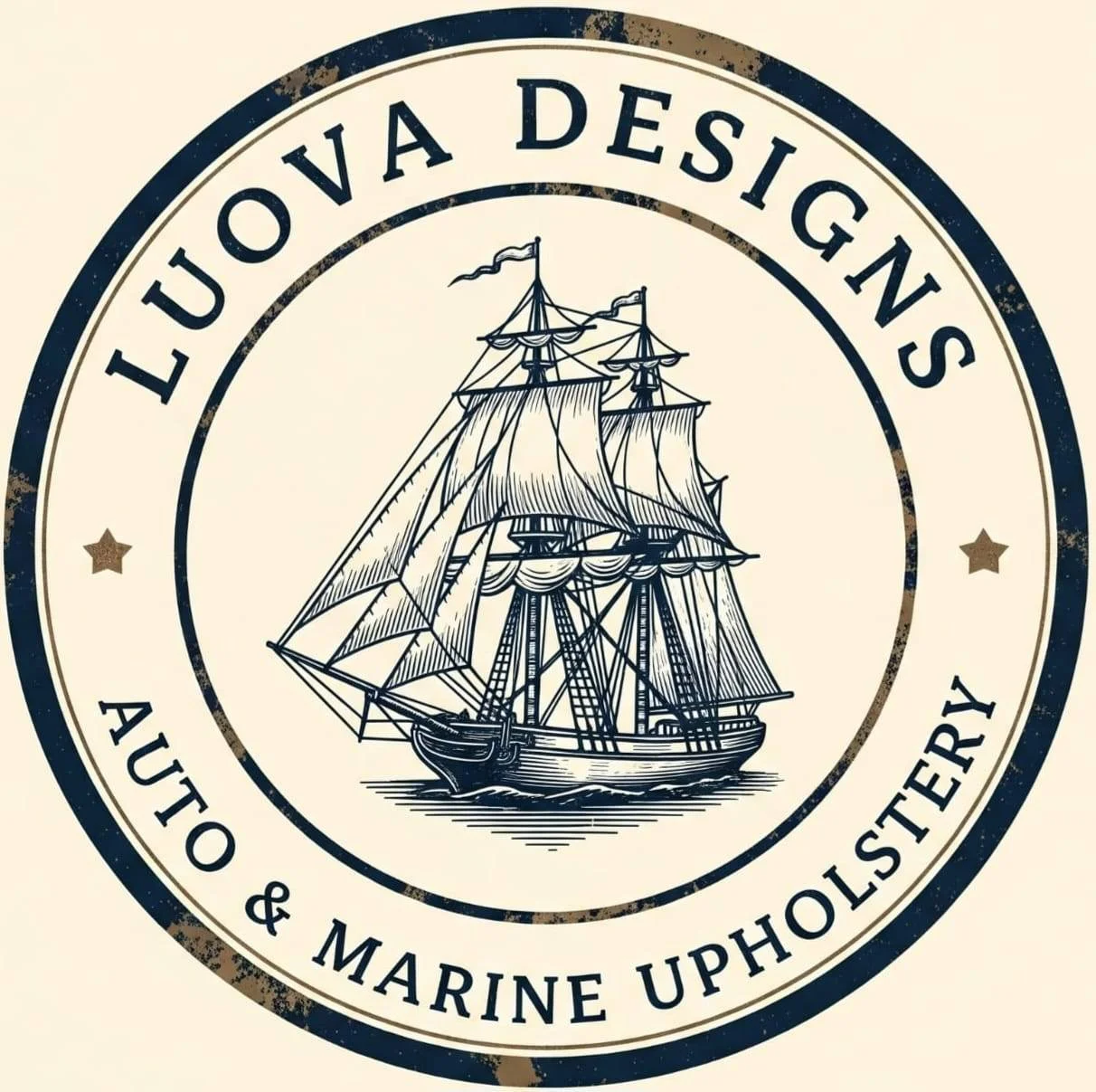 Vintage nautical logo with a detailed illustration of an old sailing ship at the center, surrounded by text 'LUOVA DESIGNS' at the top and 'AUTO & MARINE UPHOLSTERY' at the bottom, with small stars on either side.