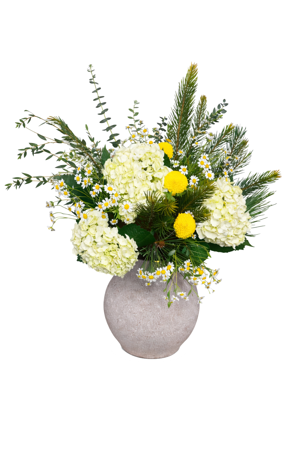 A cream based bouquet of mixed flowers in a ceramic vase, featuring yellow and cream blooms with green leaves.
