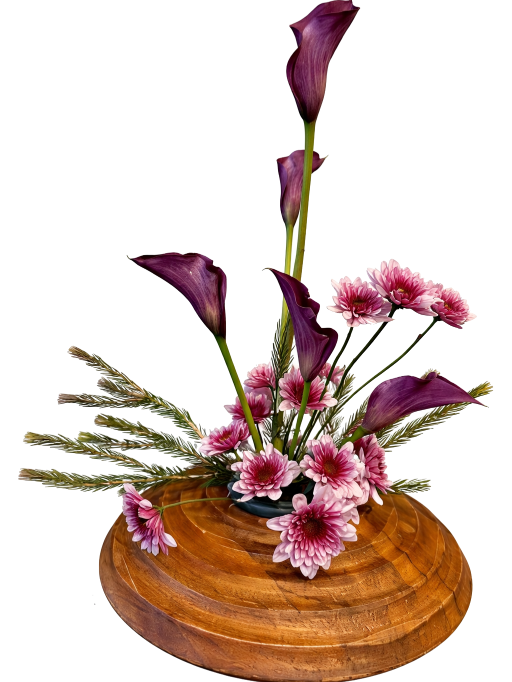 A floral arrangement with purple calla lilies, pink daisies, and greenery in a black pot on a wooden circular base.
