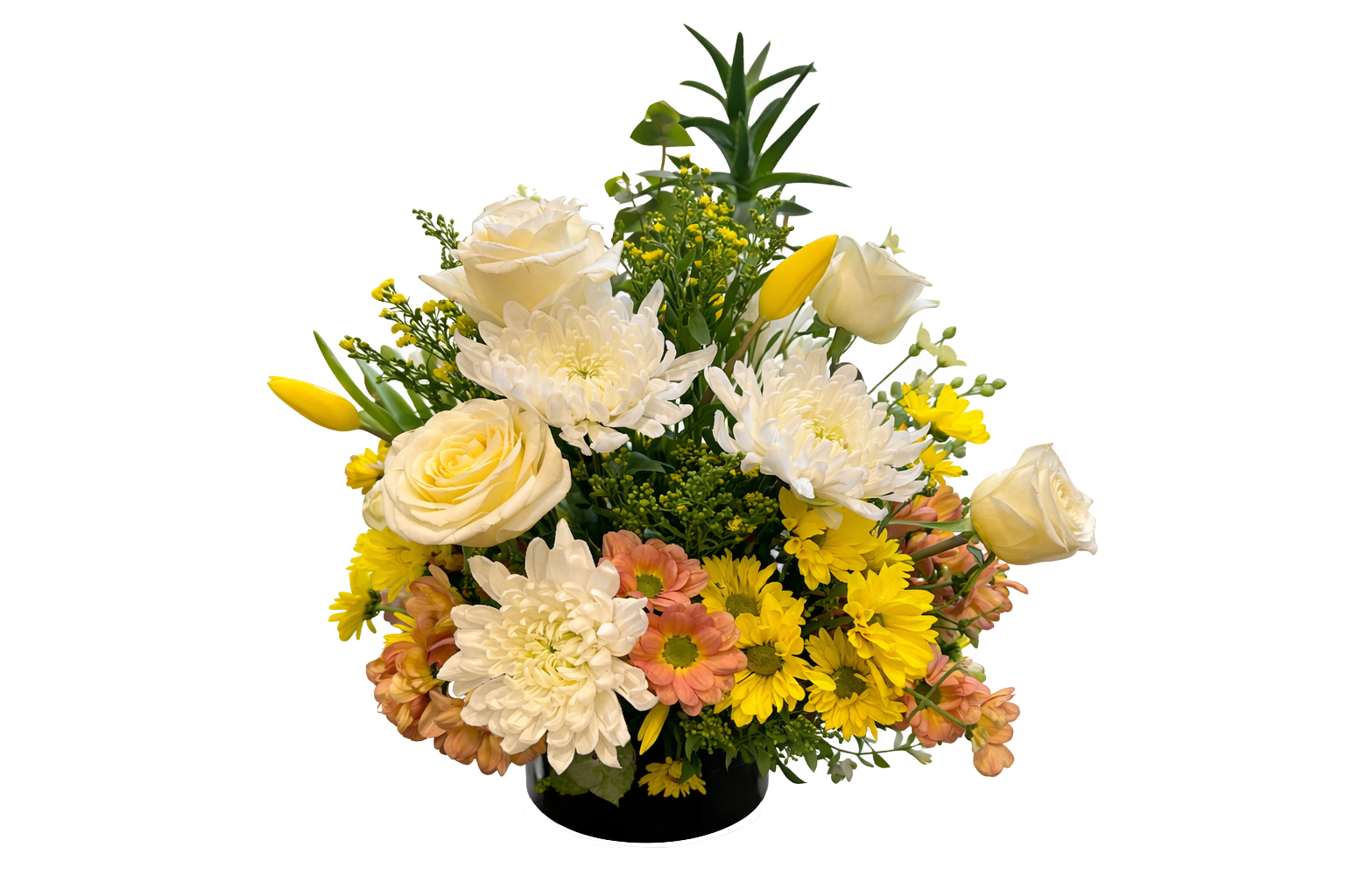 A colorful bouquet of white, yellow, and pink flowers in a black vase.
