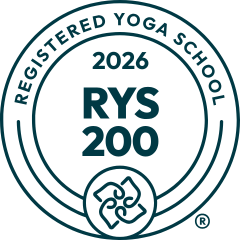 Circular badge with text 'Registered Yoga School 2026 RYS 200' and a yoga pose icon at the bottom