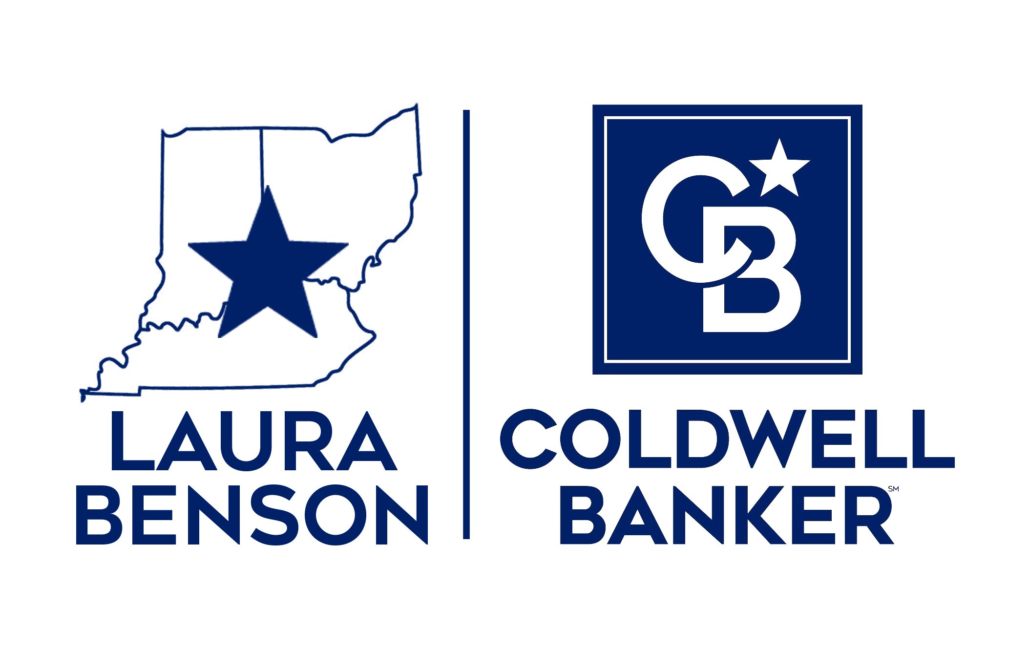 Logo for Laura Benson Coldwell Banker real estate featuring an outline of the state of Texas with a star inside, and the Coldwell Banker logo with initials in a blue square.