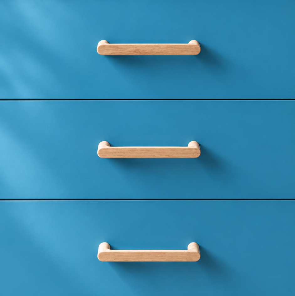 Close-up of three blue drawers with wooden handles on a blue wall.