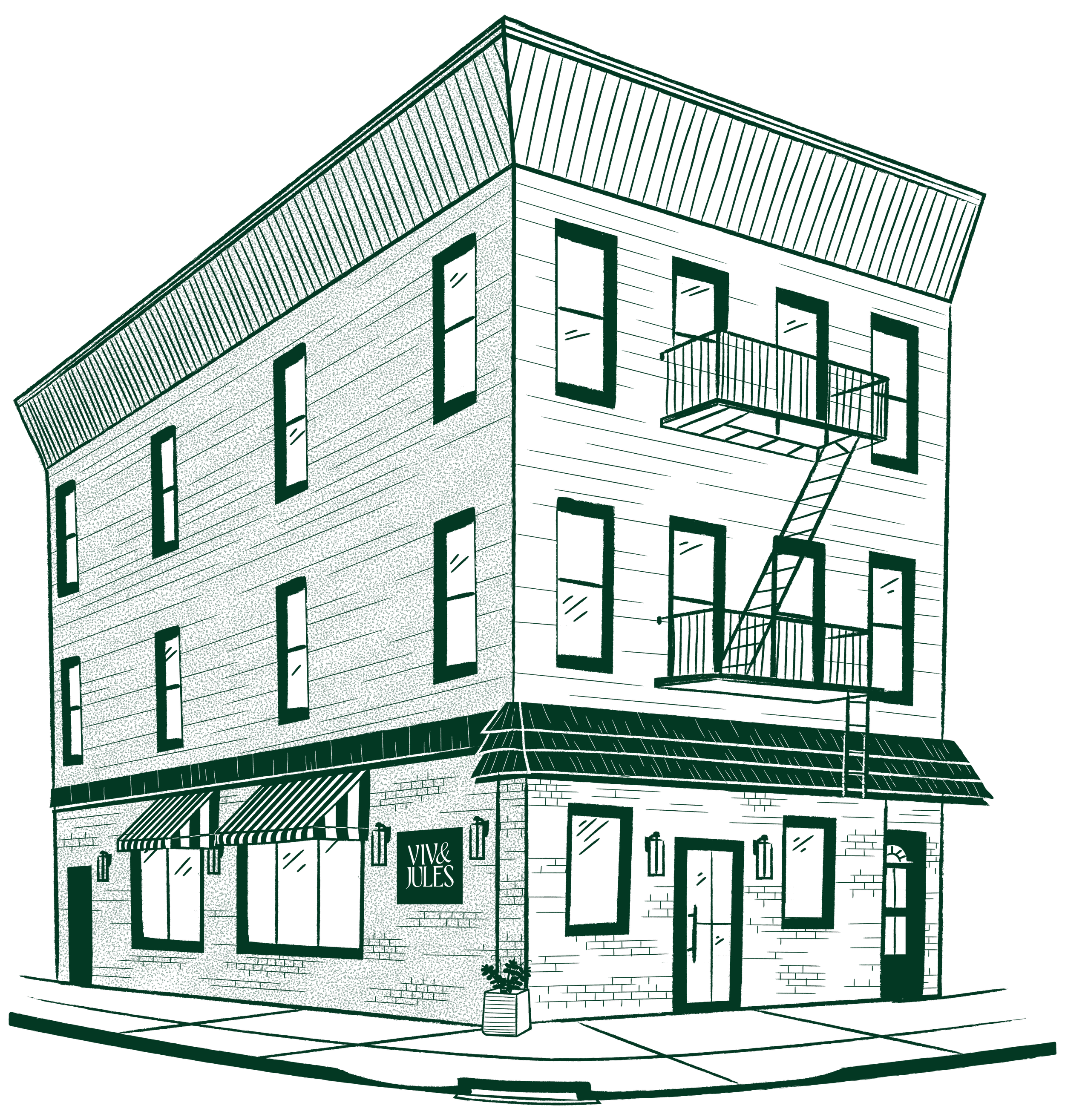 Whimsical wood-block style illustration of 400 Adams Street, the building Viv & Jules is located in.