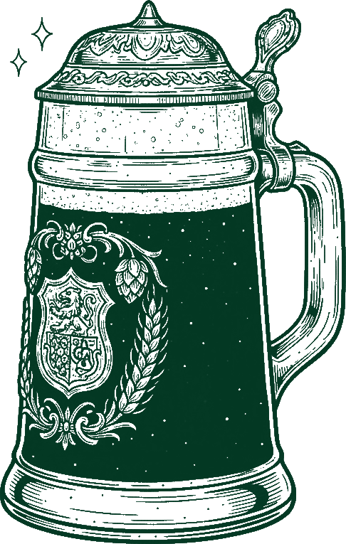 Whimsical wood-block style illustration of a beer being poured from a tap.