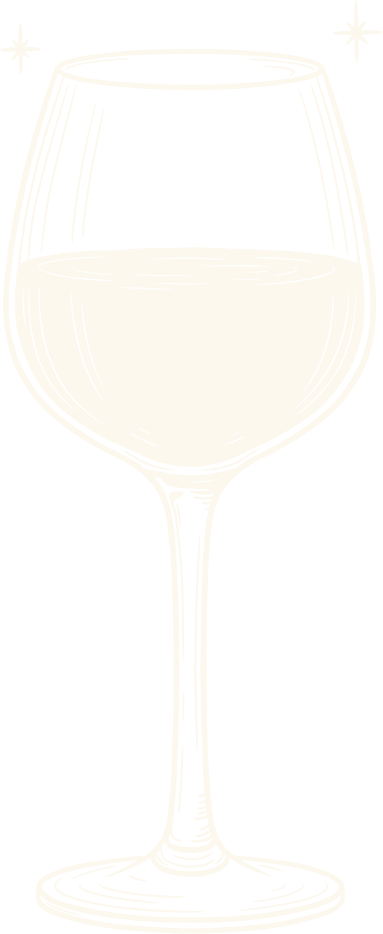 Whimsical wood-block style illustration of a wine glass with a full pour.