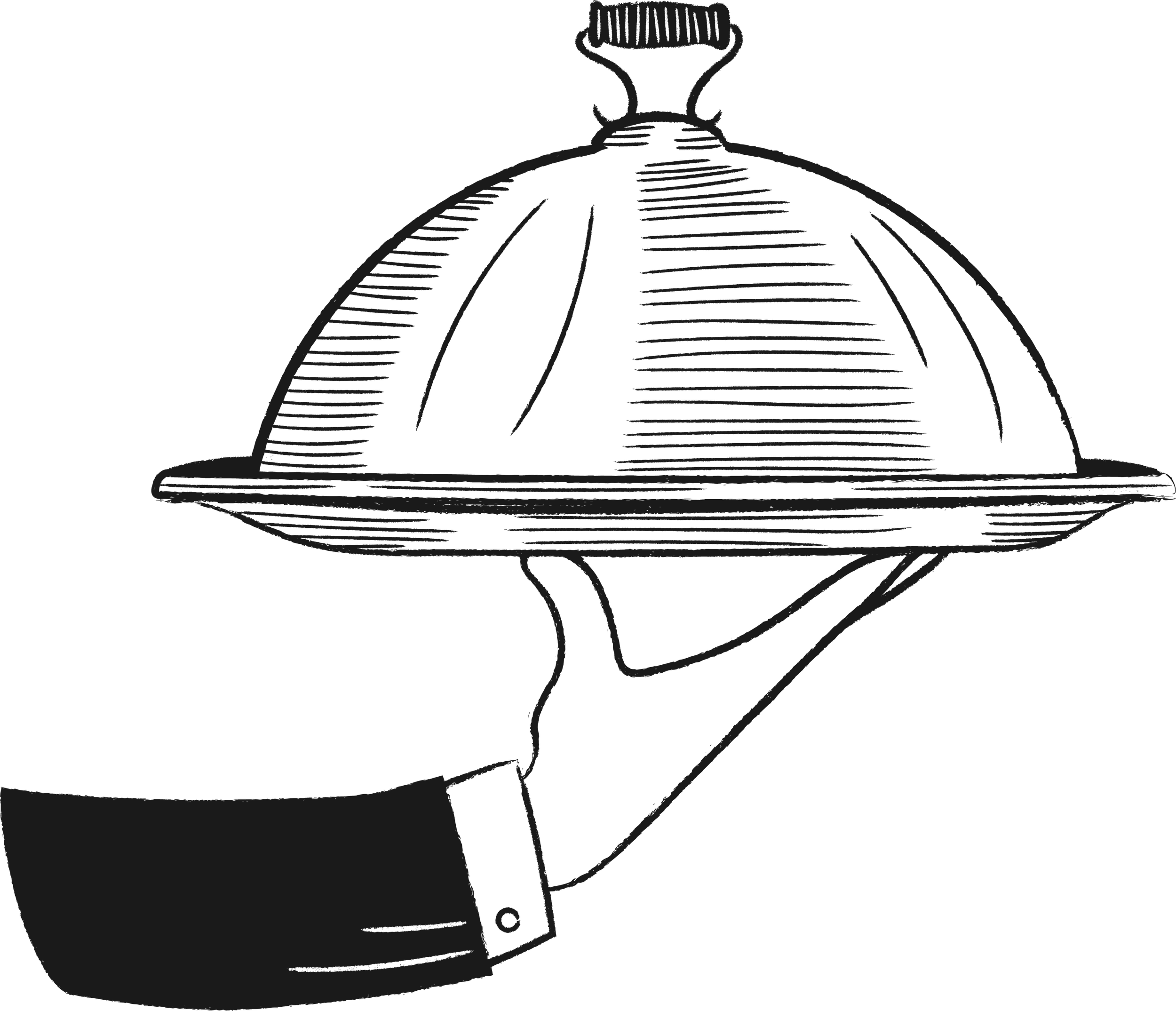 Whimsical wood-block style illustration of a hand holding a plate of food covered in a cloche.