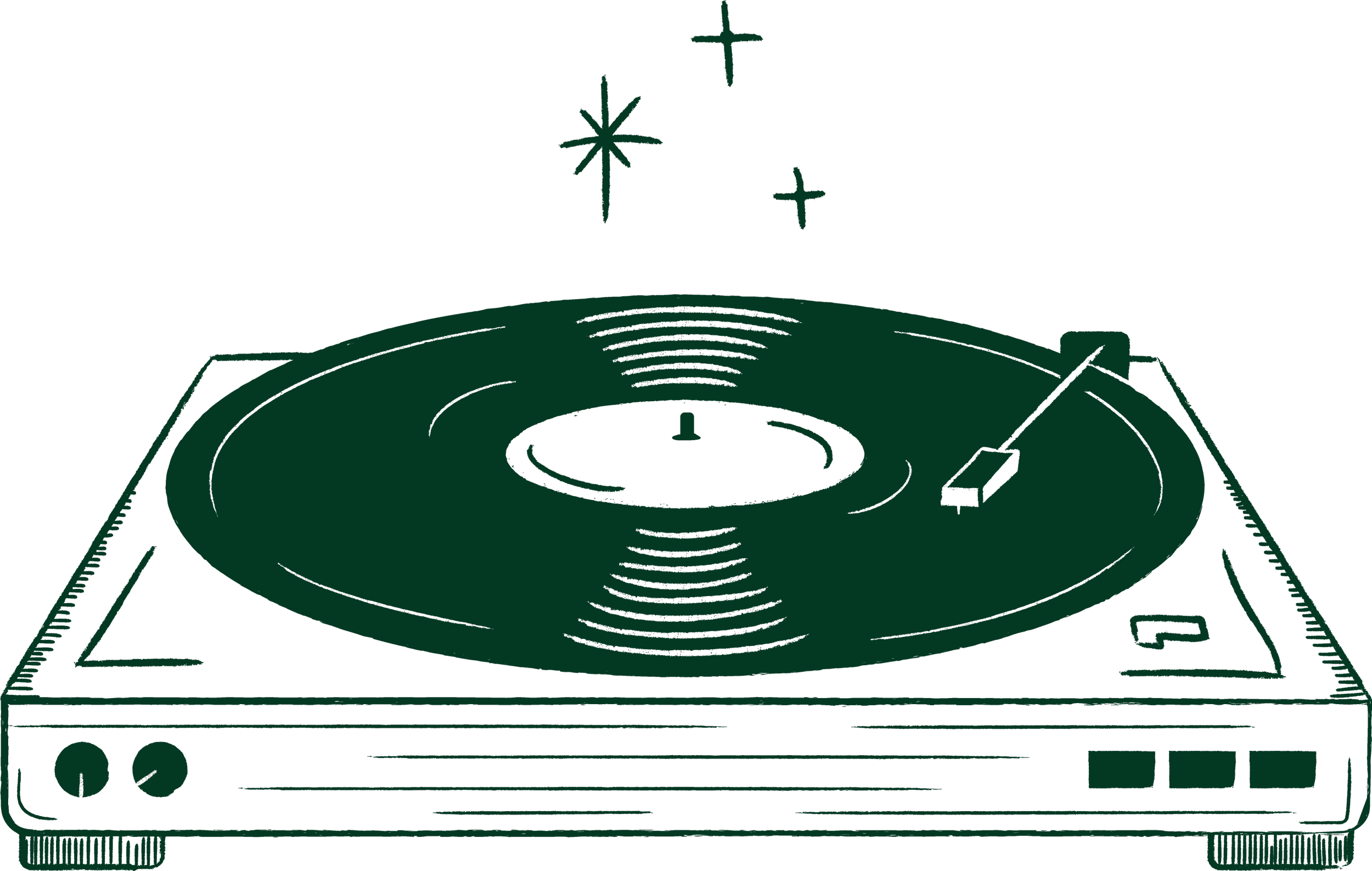 Whimsical wood-block style illustration of a record player.