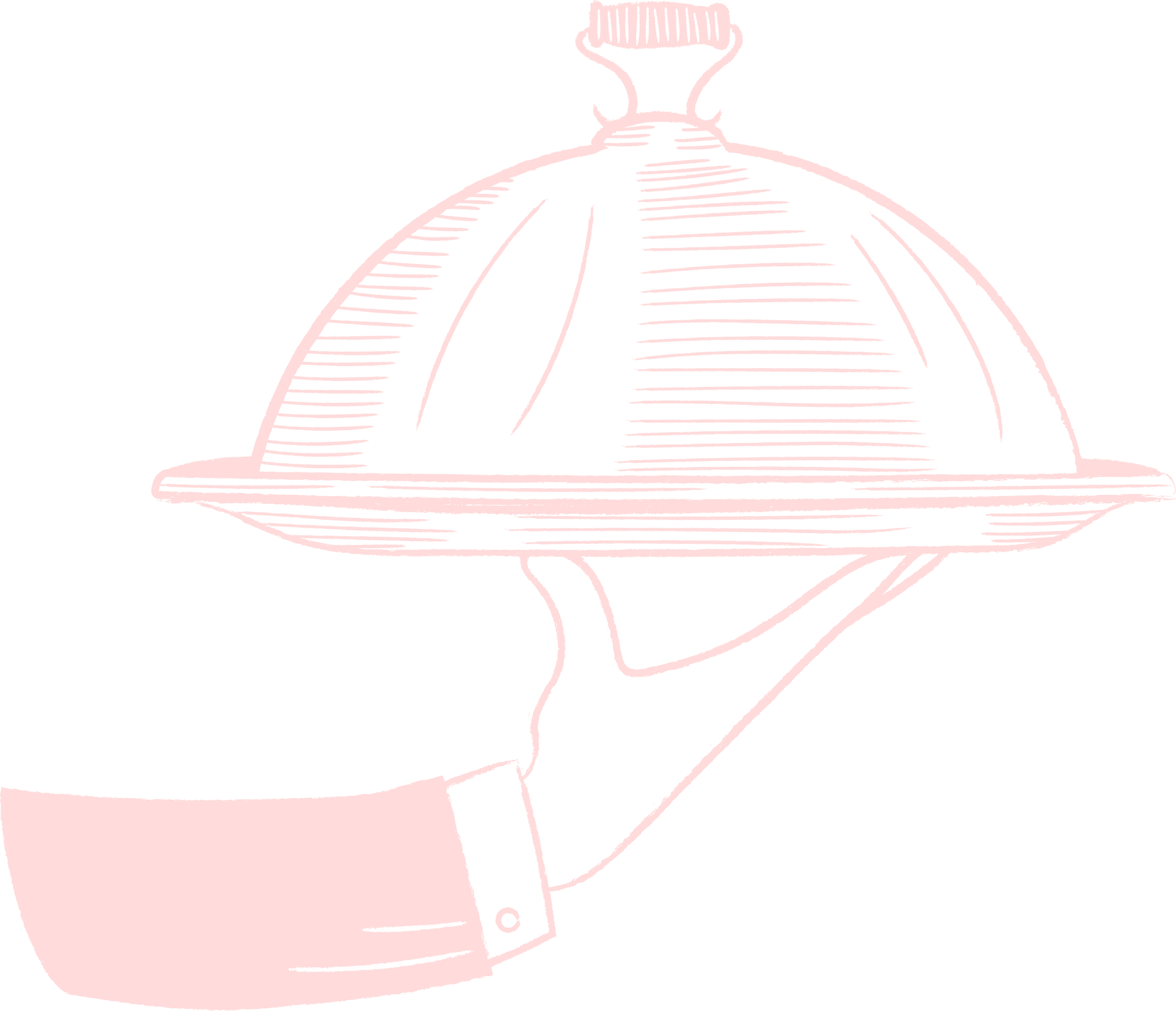 Illustration of a hand holding a covered serving dish or cloche with a handle on top.