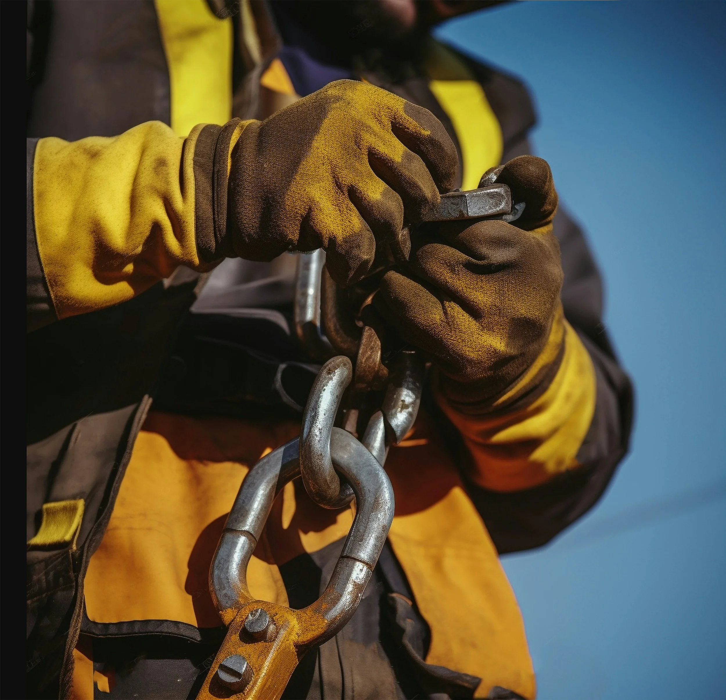 Close-up of a worker's gloved hands connecting a metal chain with a carabiner.