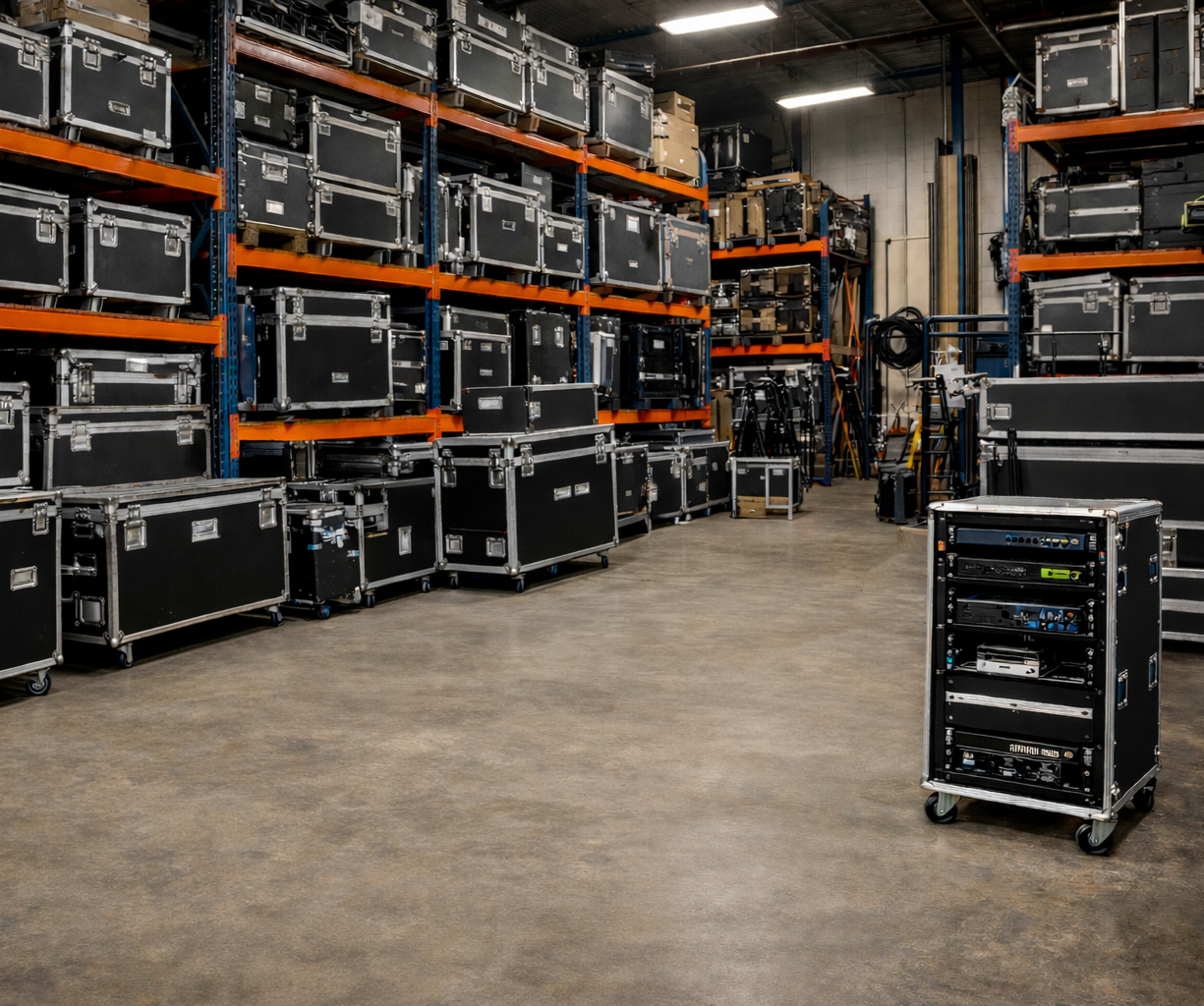 Warehouse with black flight cases on orange and blue shelves, and a portable equipment rack on wheels in the foreground.