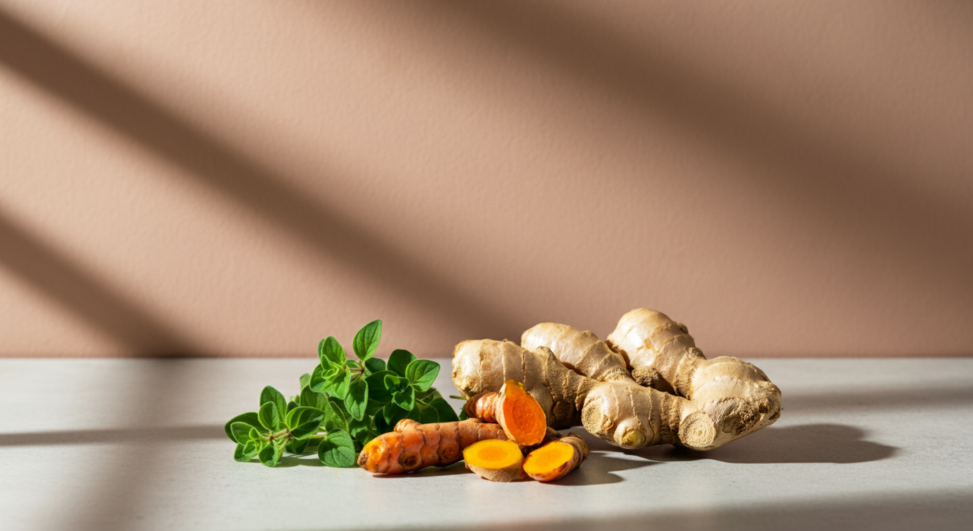 Fresh ginger roots, turmeric roots, and green herb leaves on a light surface with shadows.