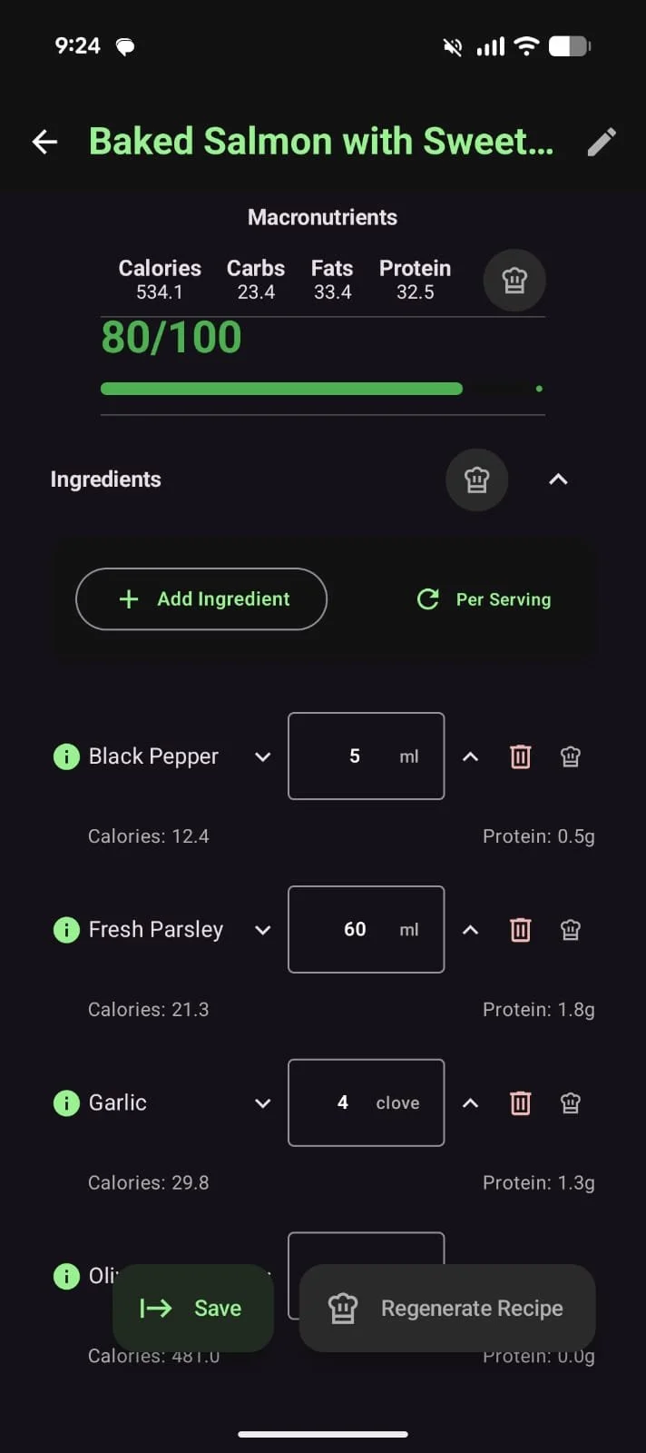 Screenshot of a recipe app displaying a recipe for baked salmon with sweet ingredients, with macronutrients and ingredients listed including black pepper, fresh parsley, garlic, and olive oil.