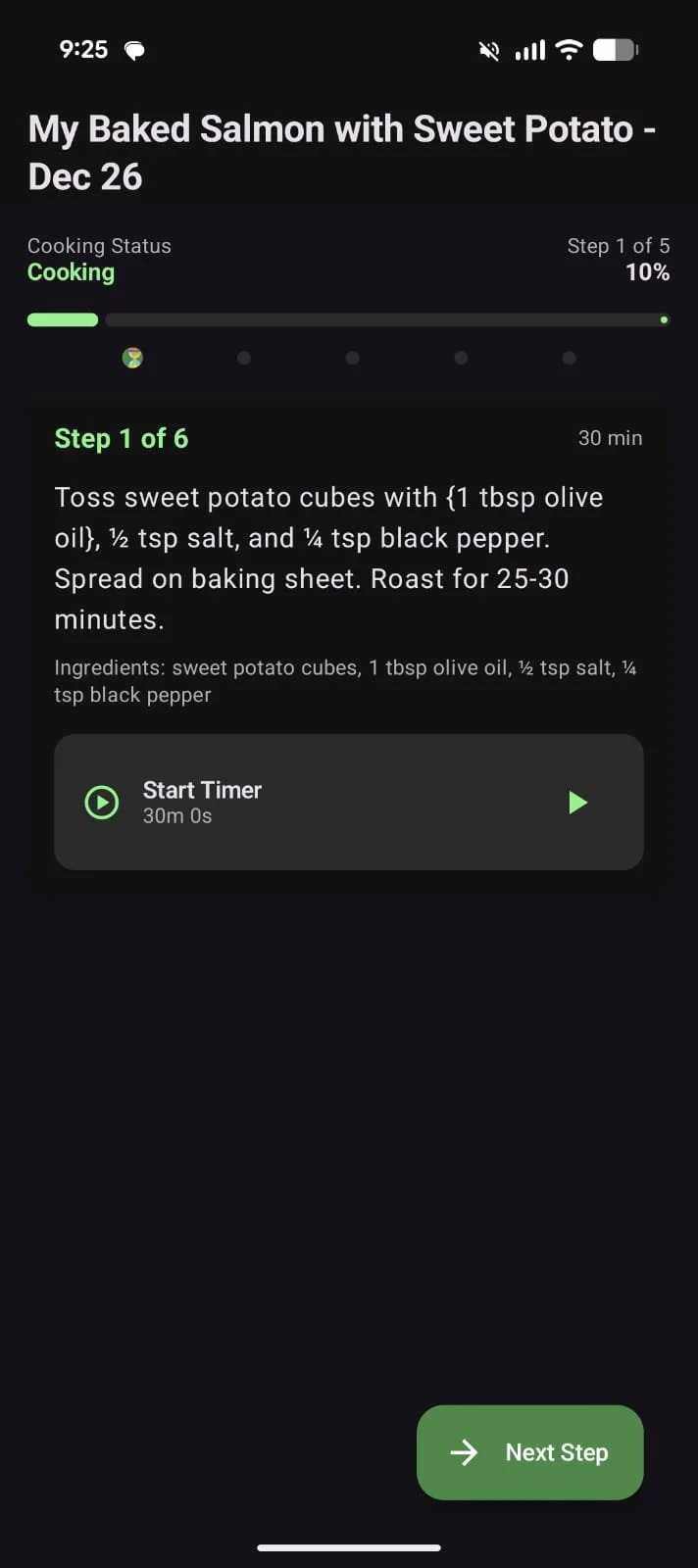 Screenshot of a cooking app displaying a recipe for baked salmon with sweet potato, showing step 1 of 6 to toss sweet potato cubes with olive oil, salt, and black pepper, spread on baking sheet, to roast 25-30 minutes.