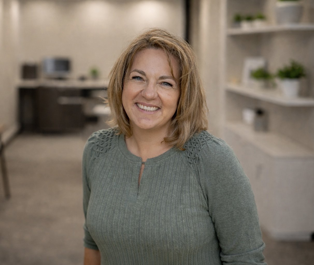 A smiling woman with shoulder-length light brown hair in a green sweater standing in a modern kitchen with shelves and plants in the background.