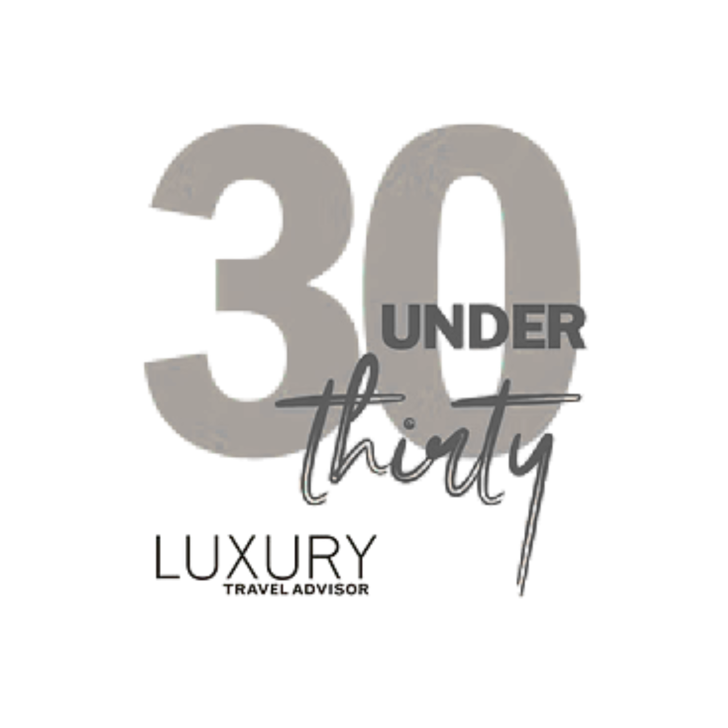 Decorative sign with the text '30 Under Thirty' in gray and black script font on a white background.