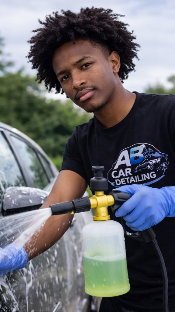 Young man washing a black car with a foam spray, outdoors, wearing a black t-shirt with 'AB Car Detailing' logo and blue gloves.