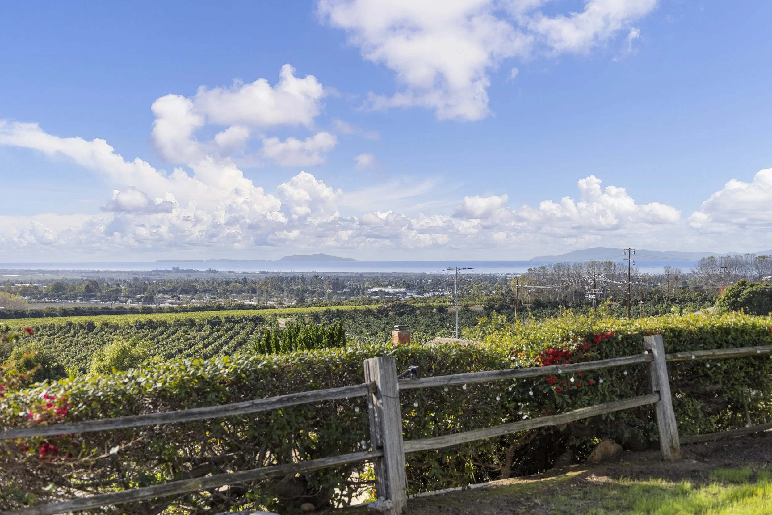 A scenic view of farmland with rows of green crops, a wooden fence in the foreground, and a blue sky with fluffy clouds over distant mountains and the ocean.