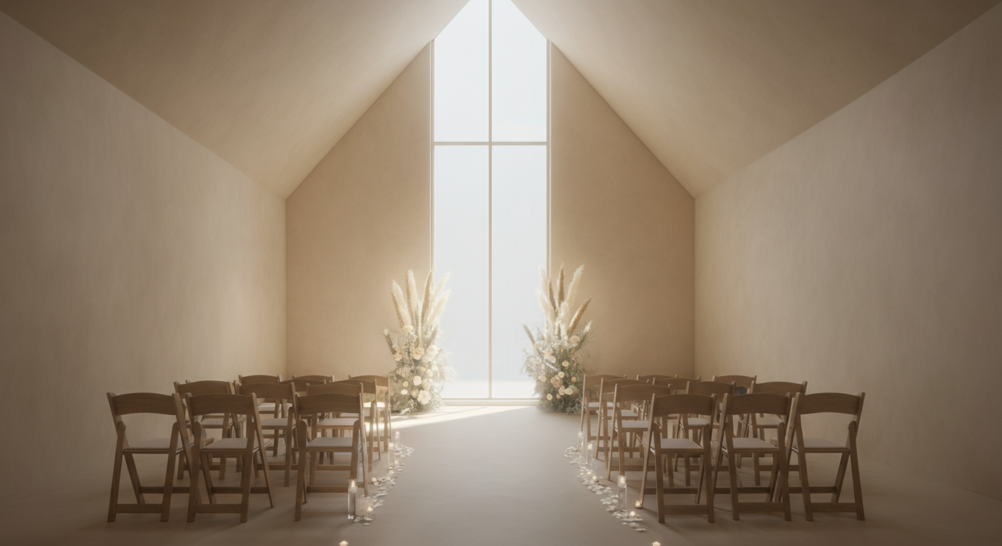 A minimalist wedding ceremony setup with wooden chairs arranged on each side of an aisle, adorned with white flower arrangements and candles, inside a bright, modern room with high ceiling and large windows.