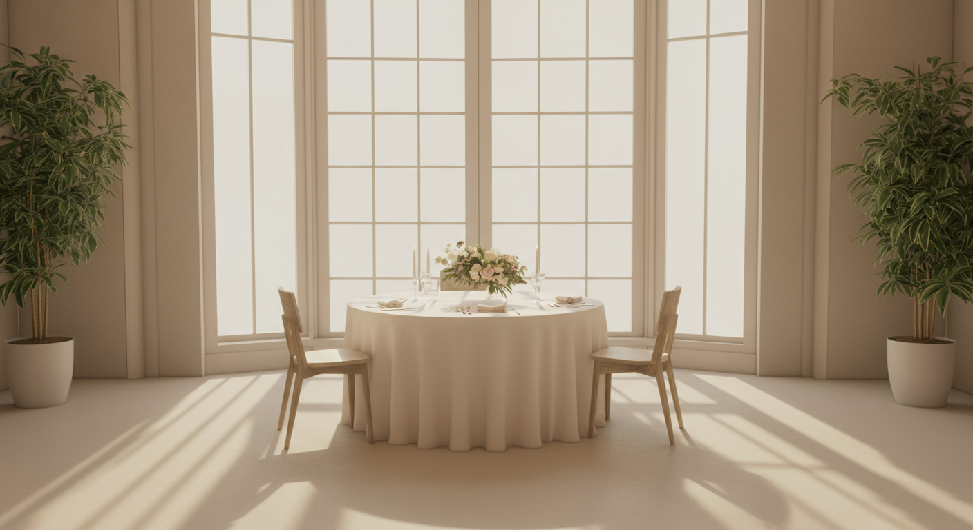 Round table set for dining with floral centerpiece, two candles, and place settings in front of large windows with sunlight streaming in.