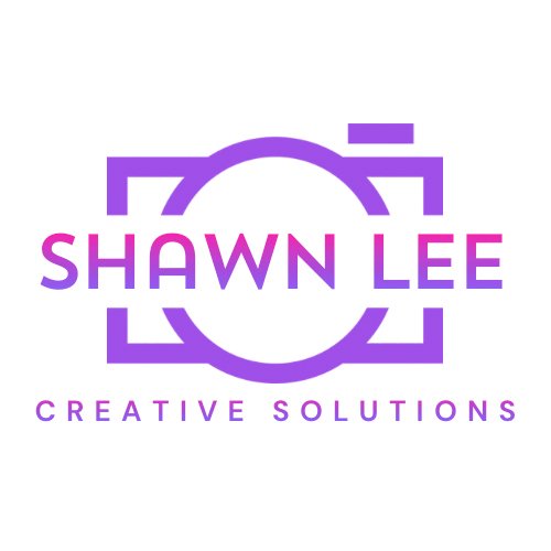 Logo for Shawn Lee Creative Solutions with purple and pink design elements and text.