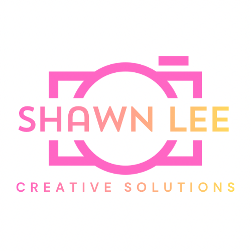 Logo with a pink camera outline, the name 'Shawn Lee' in pink, orange, and yellow, and the words 'Creative Solutions' in pink and yellow.