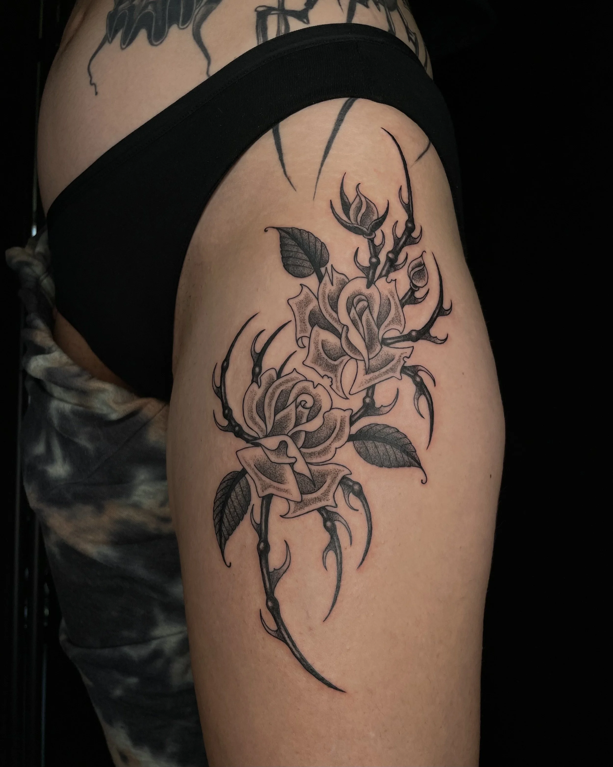 black and grey floral tattoo in san fransisco 
