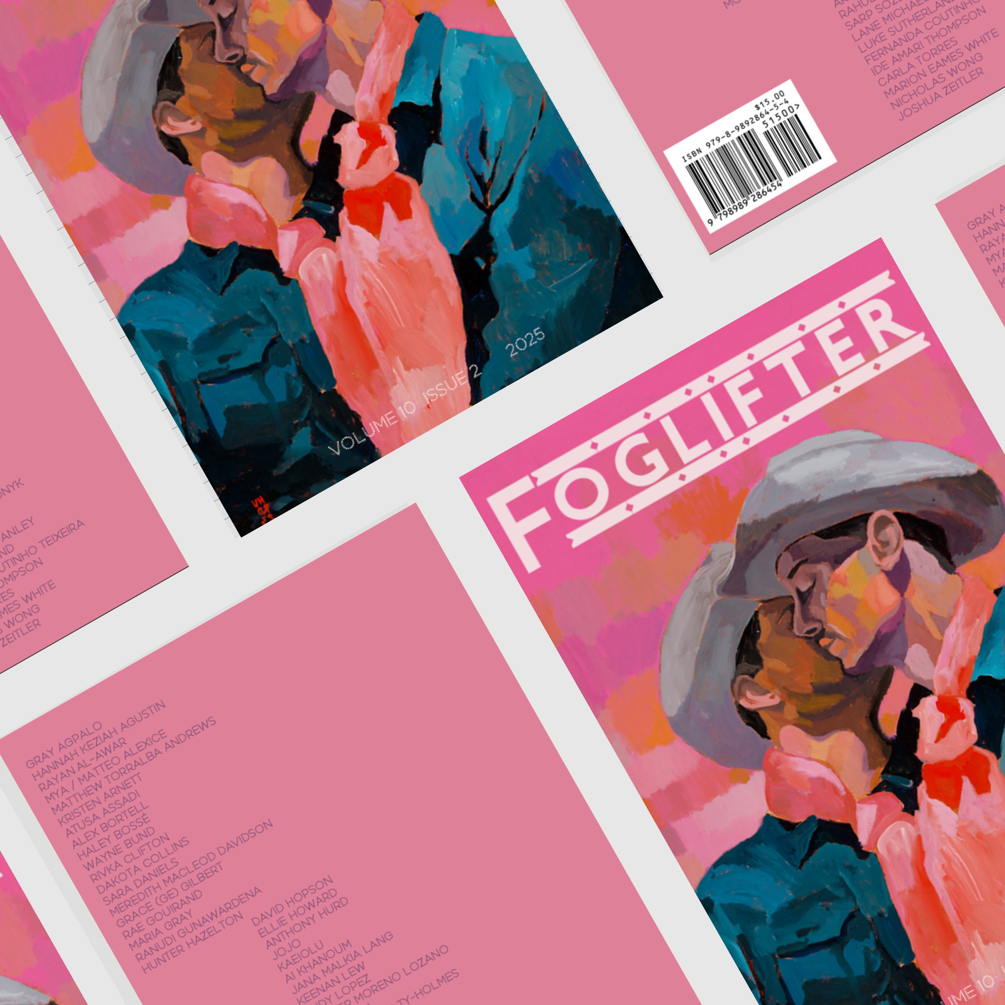 Magazine cover featuring an illustrated romantic scene of two men in a close embrace, with pink and orange background and wearing cowboy hats. The magazine title is "FOGLIFTER" in bold pink letters.