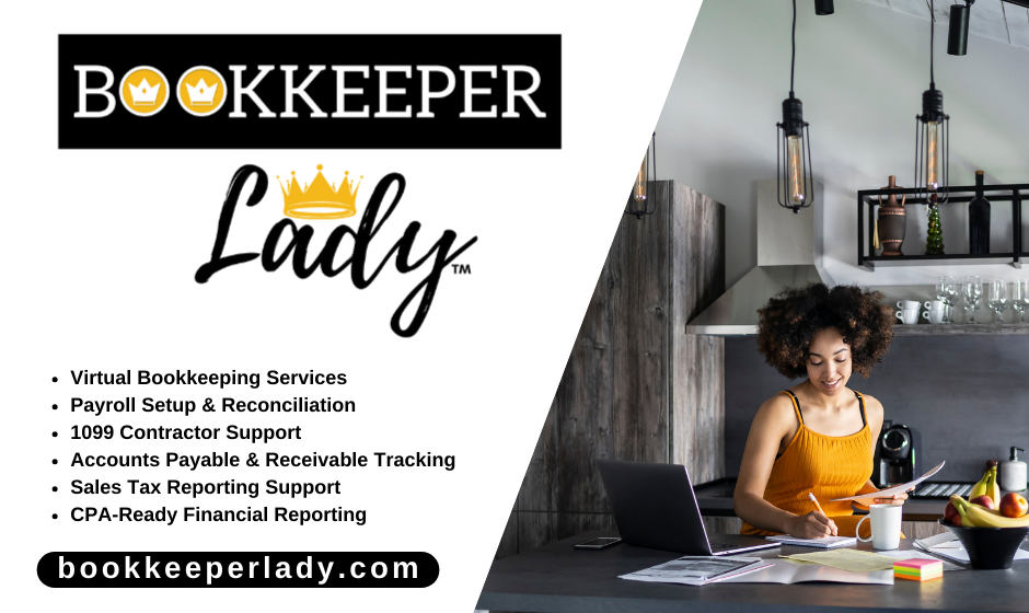 Bookkeeper Lady virtual bookkeeping and payroll services flyer featuring logo, service list, and entrepreneur working on finances at home.